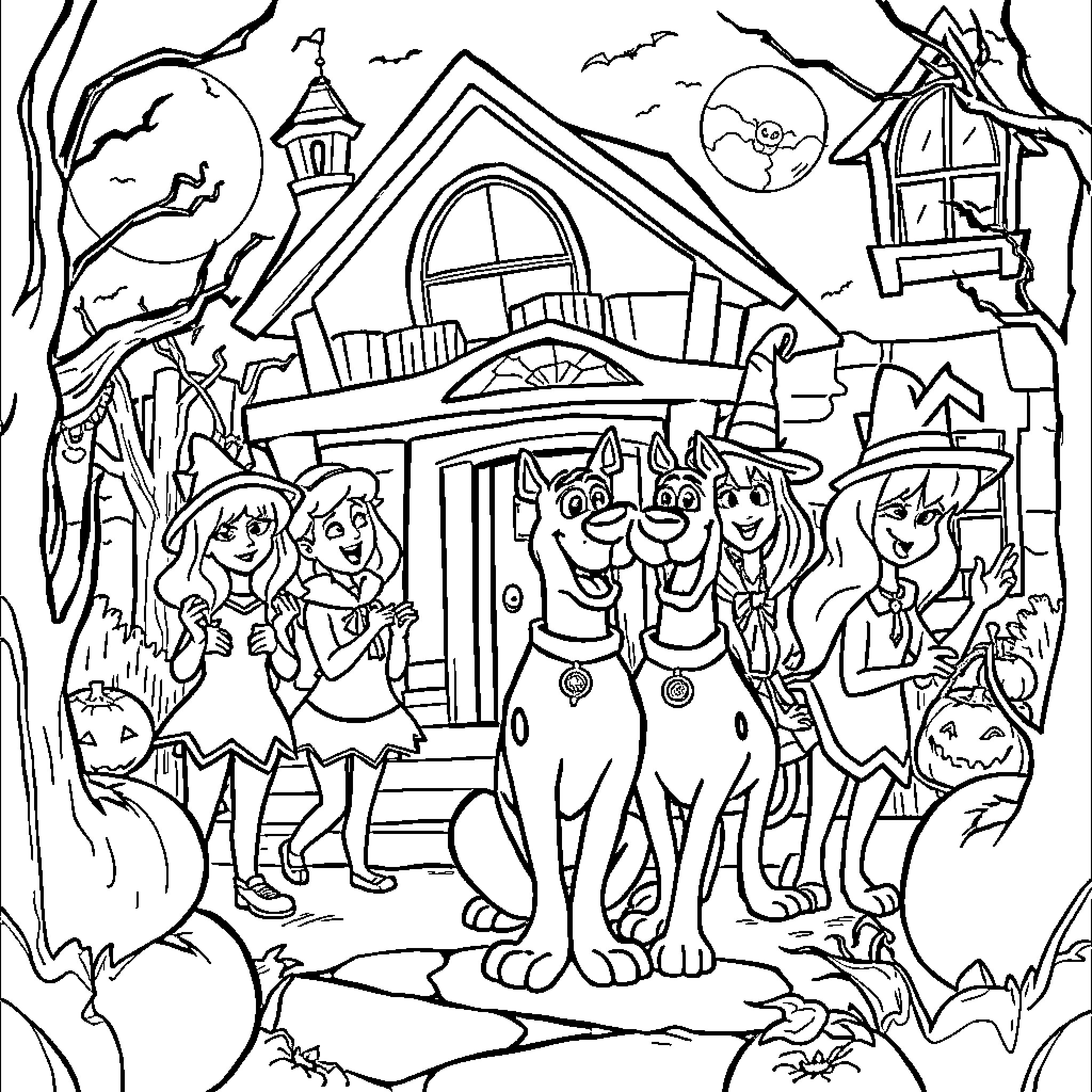 Scooby Doo and the Spooky Halloween Celebration Coloring Page (free black-and-white line drawing printable PDF for all, from beginners to advanced learners, including children, teens, adults, and seniors)