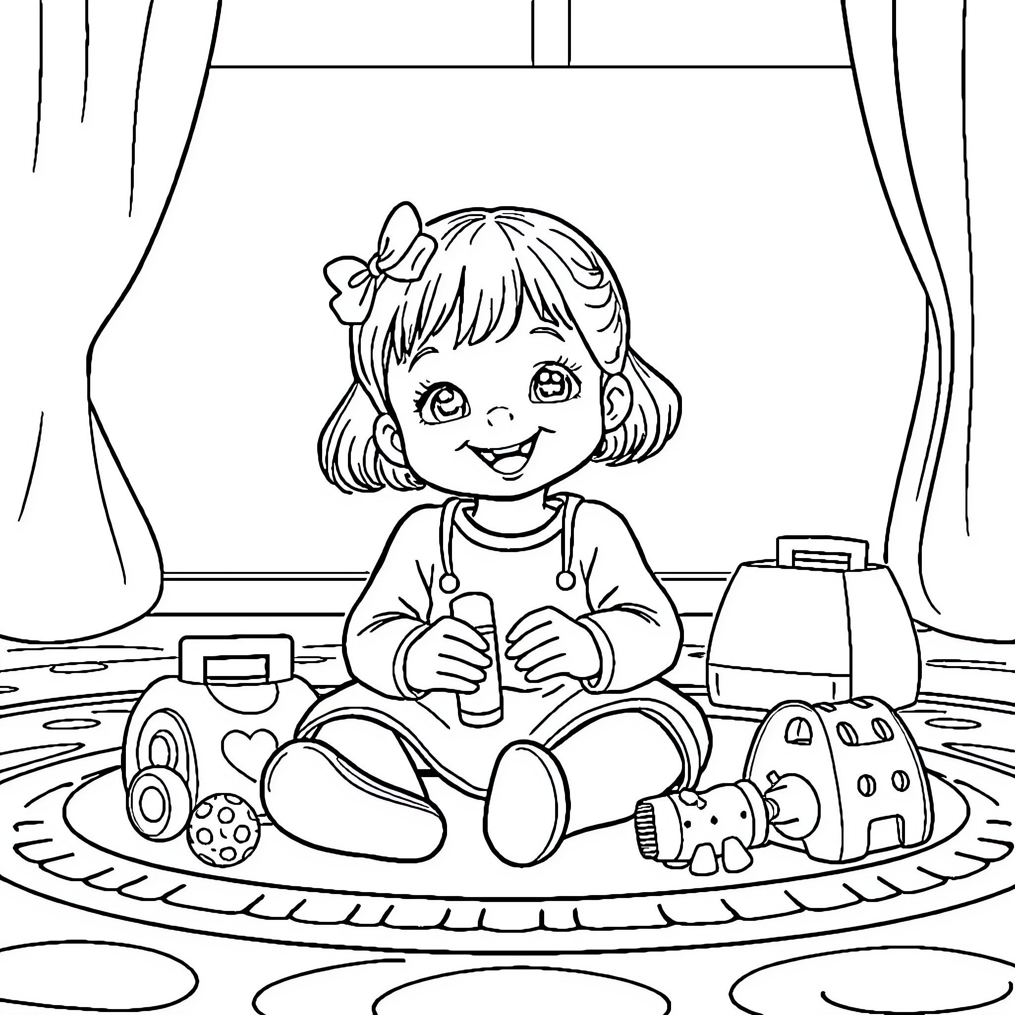Girl playing happily with toys in the room Coloring Page (free black-and-white line drawing printable PDF for all, from beginners to advanced learners, including children, teens, adults, and seniors)