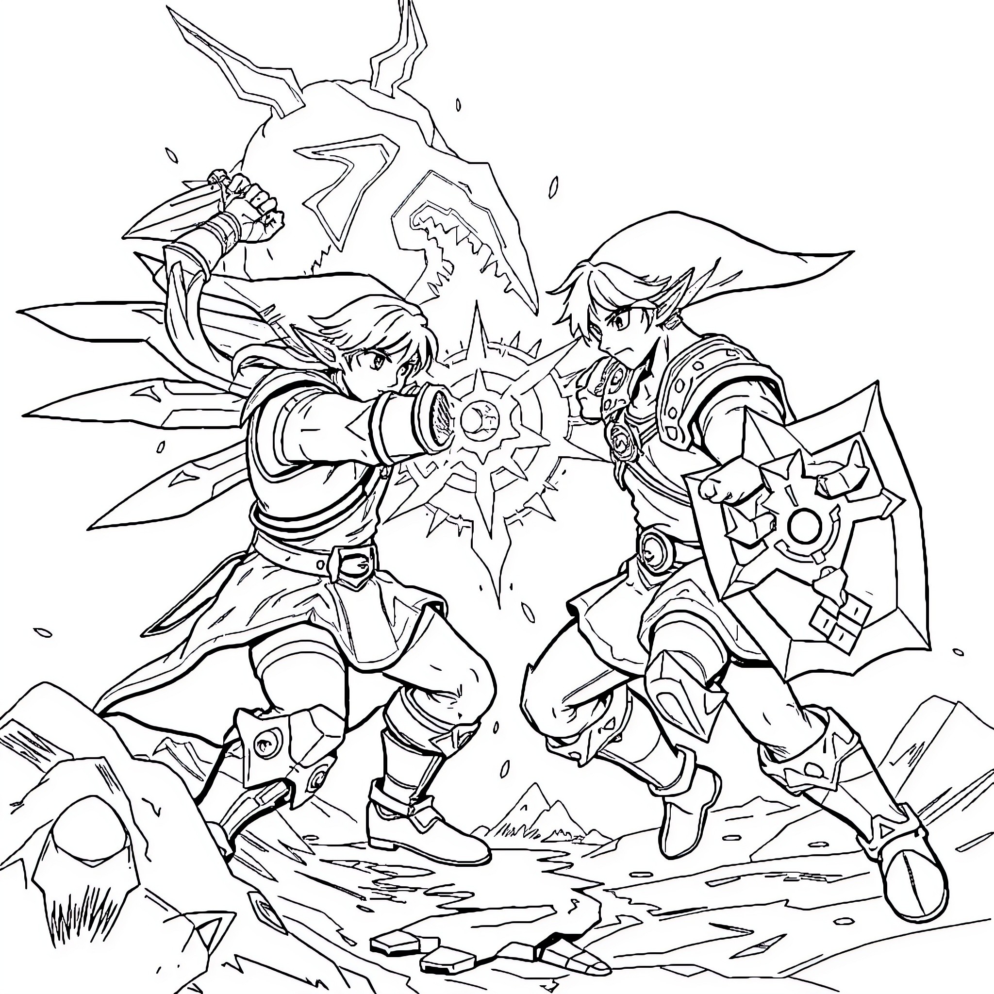 Link Battling Powerful Foes in Adventure Coloring Page (free black-and-white line drawing printable PDF for all, from beginners to advanced learners, including children, teens, adults, and seniors)