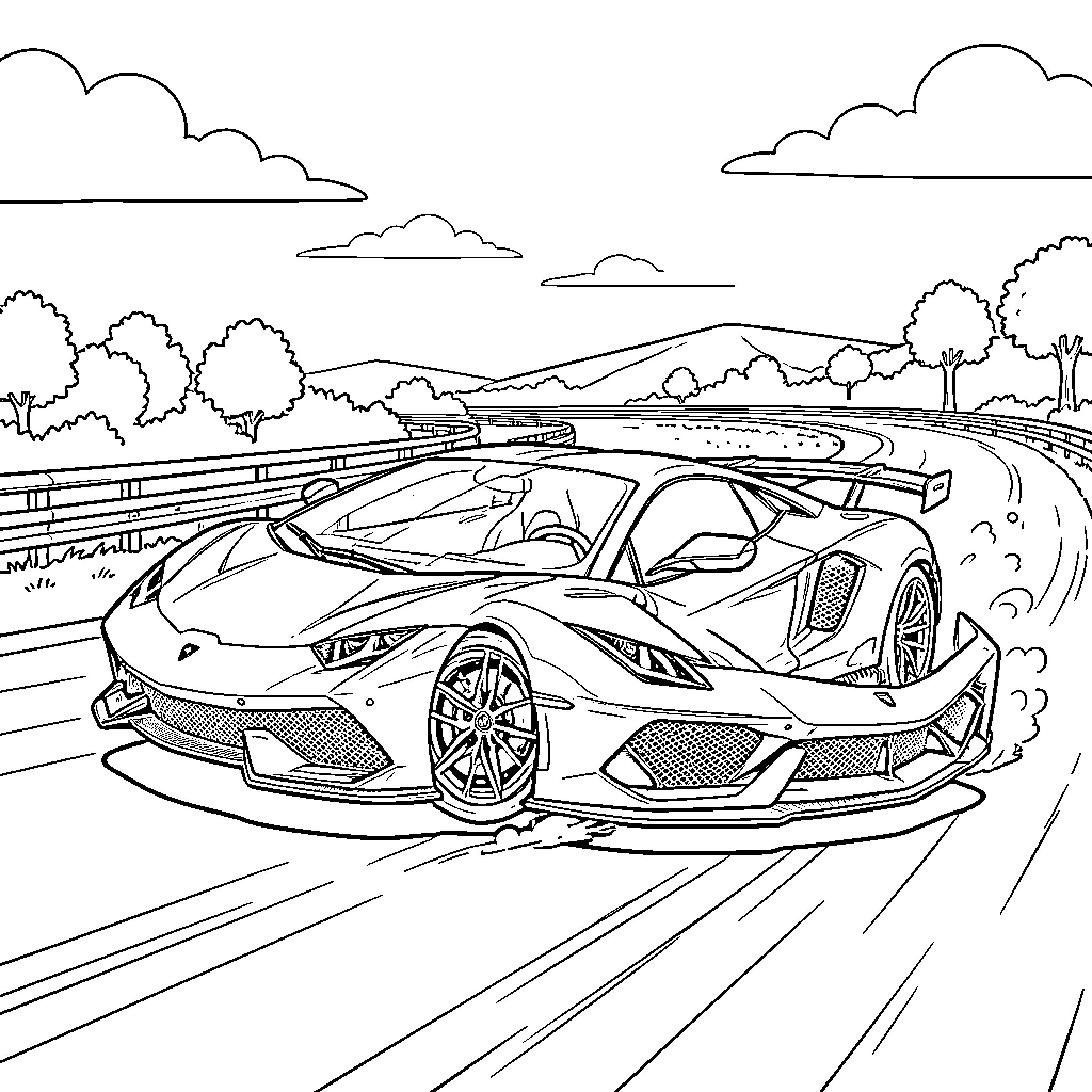 Super Car Racing on Highway through Scenic Landscape Coloring Page (free black-and-white line drawing printable PDF for all, from beginners to advanced learners, including children, teens, adults, and seniors)