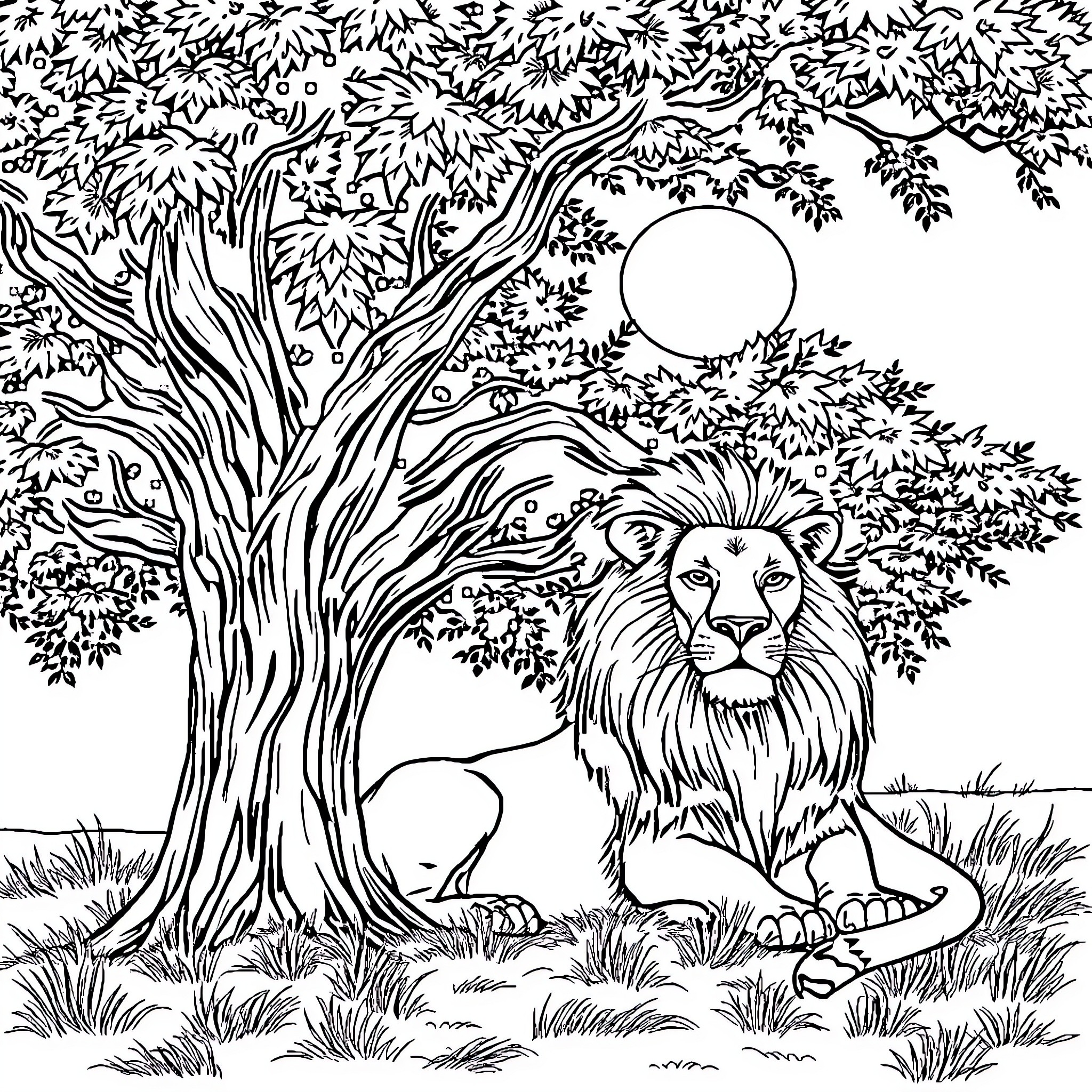 Lion relaxing under the moonlit tree Coloring Page (free black-and-white line drawing printable PDF for all, from beginners to advanced learners, including children, teens, adults, and seniors)