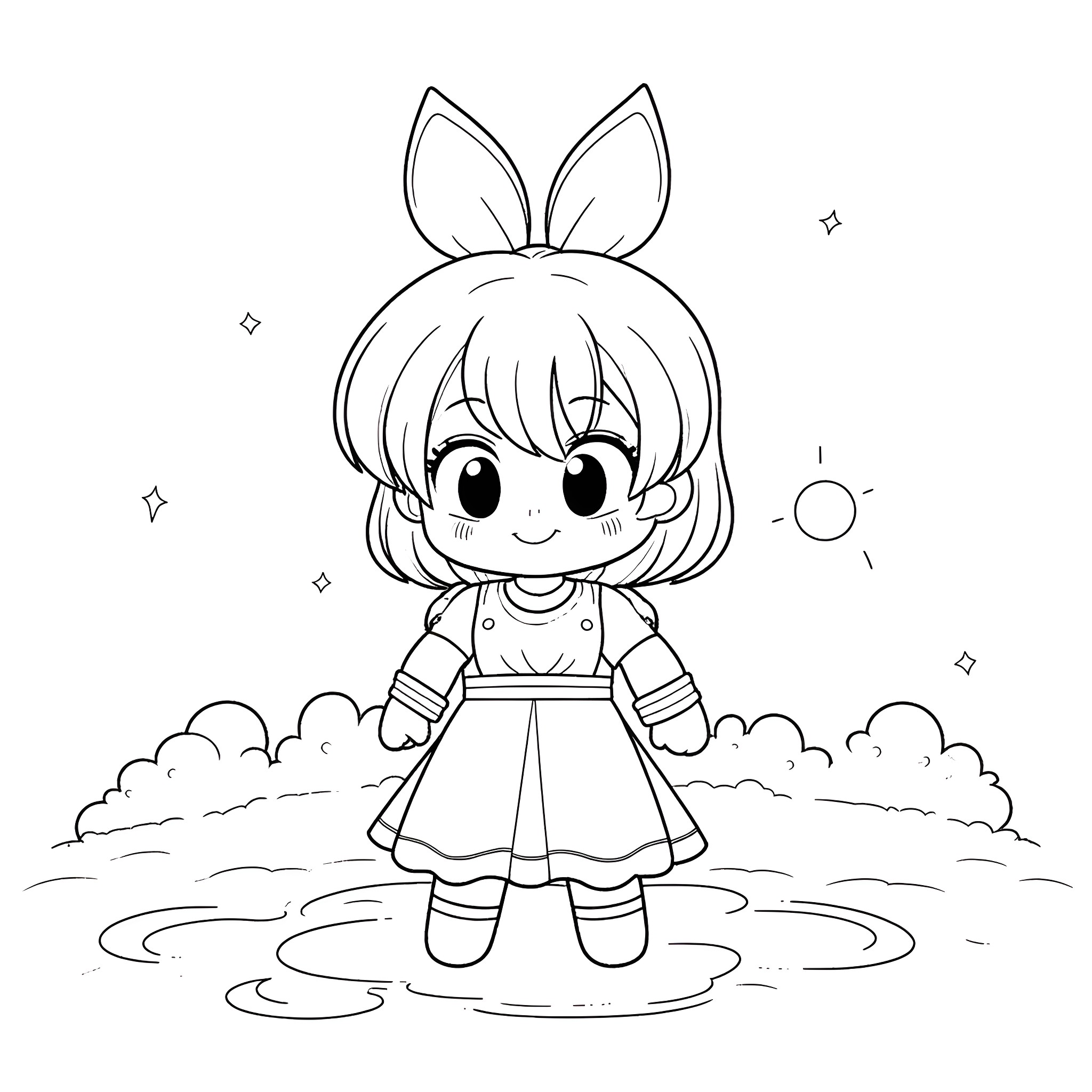 Chi Chi - Cute girl with bunny ears enjoying nature Coloring Page (free black-and-white line drawing printable PDF for all, from beginners to advanced learners, including children, teens, adults, and seniors)