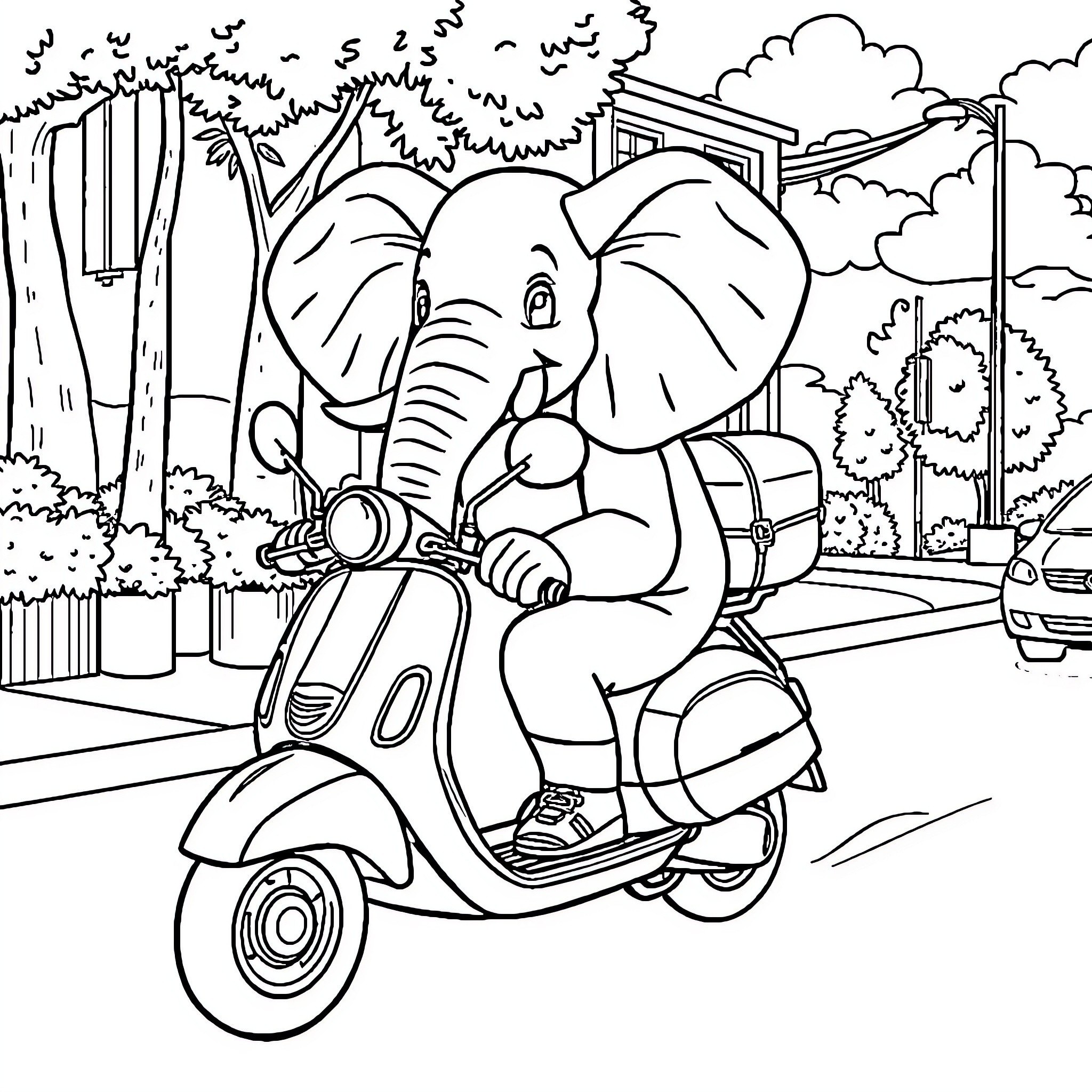 Elephant riding a scooter in the city Coloring Page (free black-and-white line drawing printable PDF for all, from beginners to advanced learners, including children, teens, adults, and seniors)