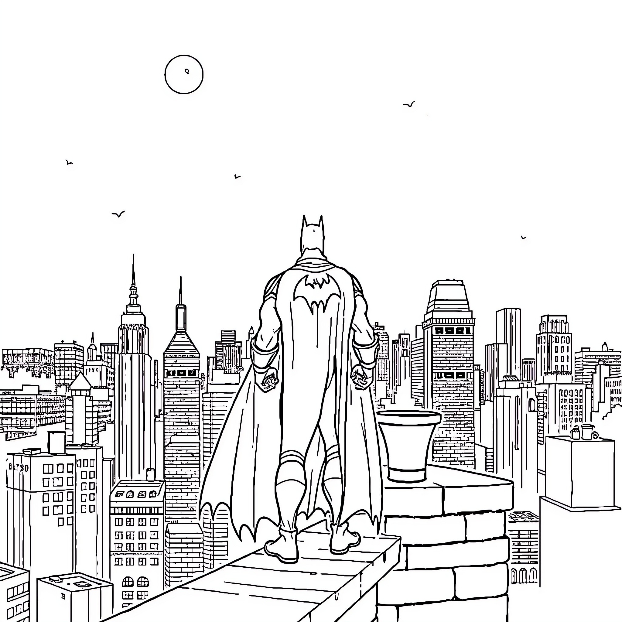 Batman overlooking the city skyline Coloring Page (free black-and-white line drawing printable PDF for all, from beginners to advanced learners, including children, teens, adults, and seniors)