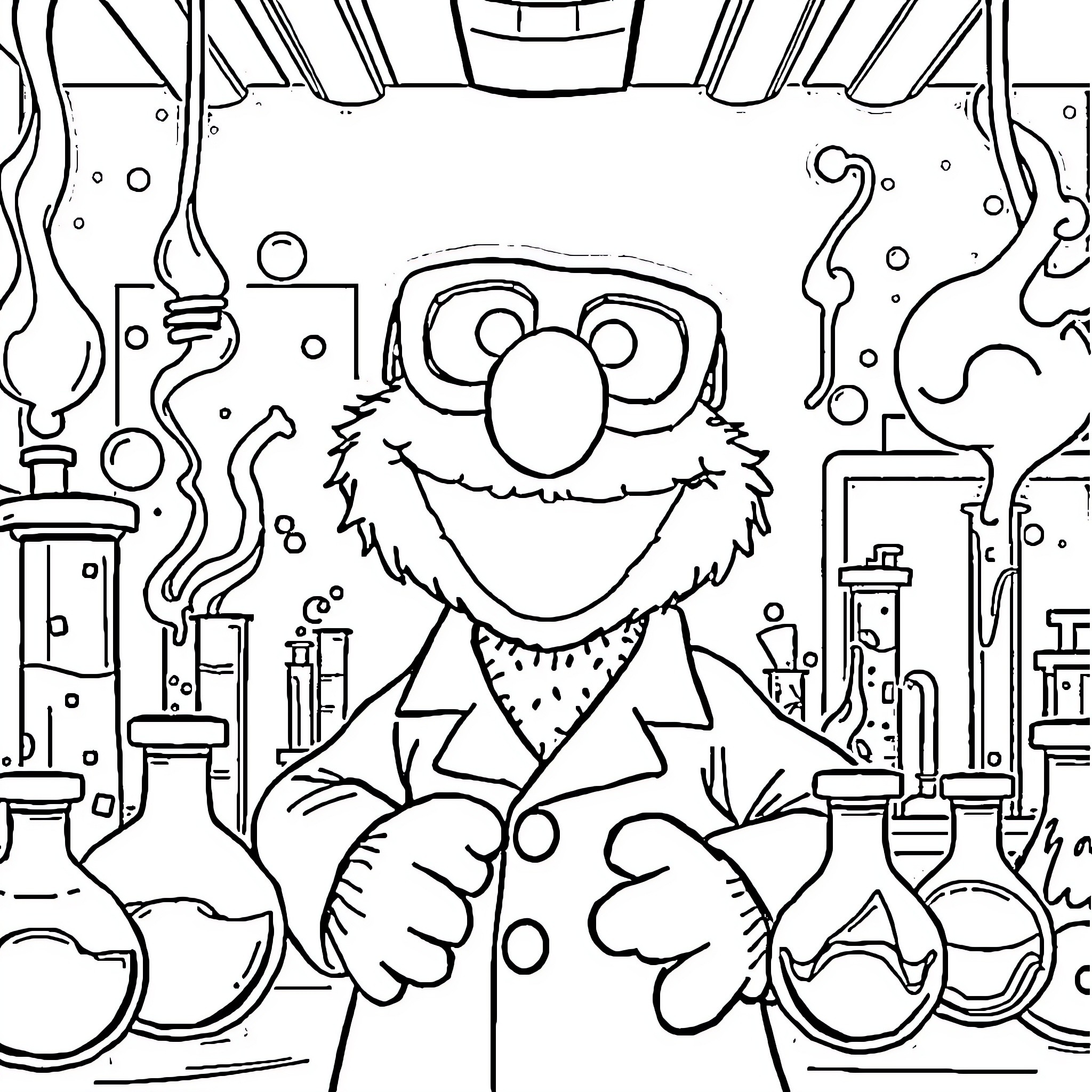 Elmo the Scientist Experimenting in the Lab Coloring Page (free black-and-white line drawing printable PDF for all, from beginners to advanced learners, including children, teens, adults, and seniors)
