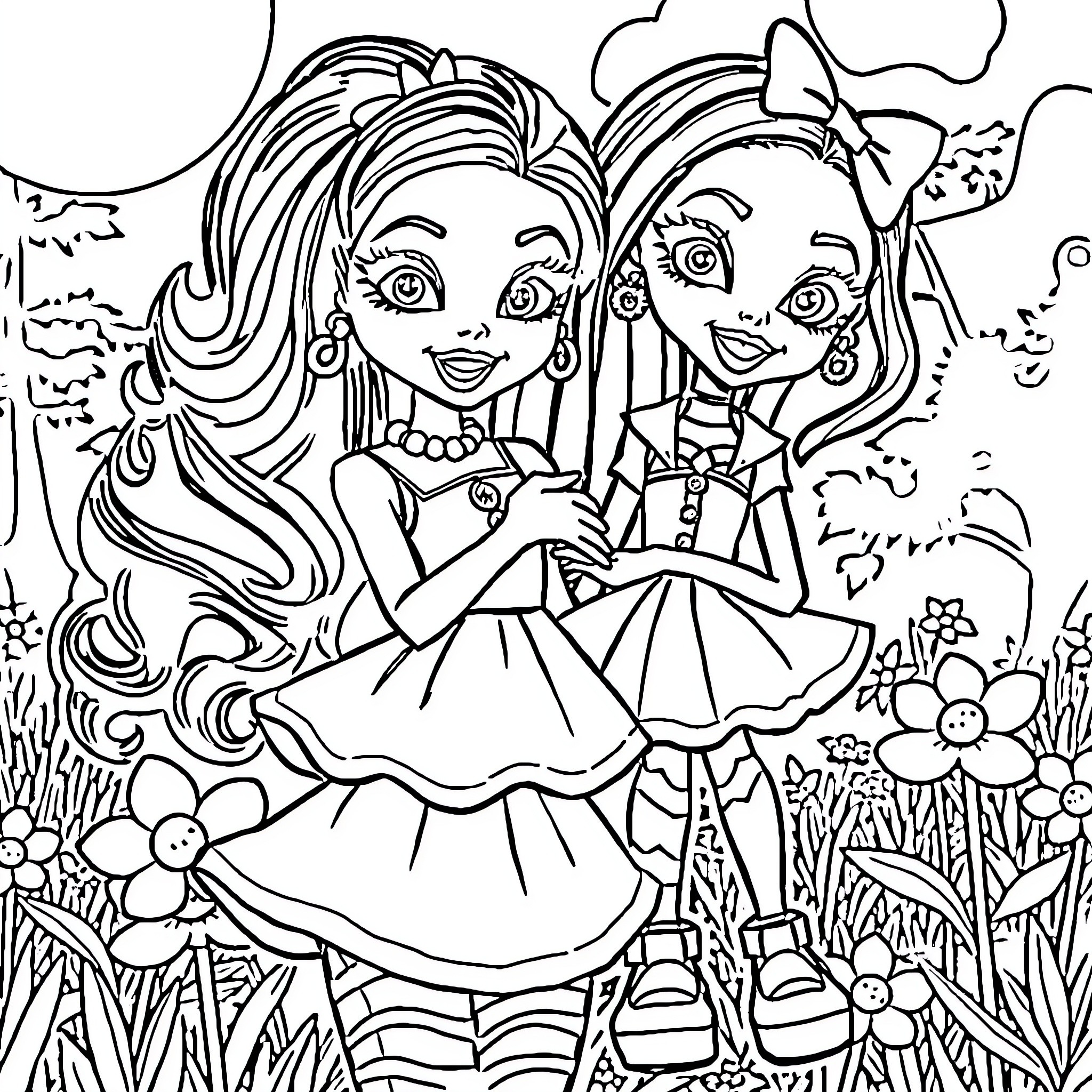 Laguna Princesses in Whimsical Garden Coloring Page (free black-and-white line drawing printable PDF for all, from beginners to advanced learners, including children, teens, adults, and seniors)