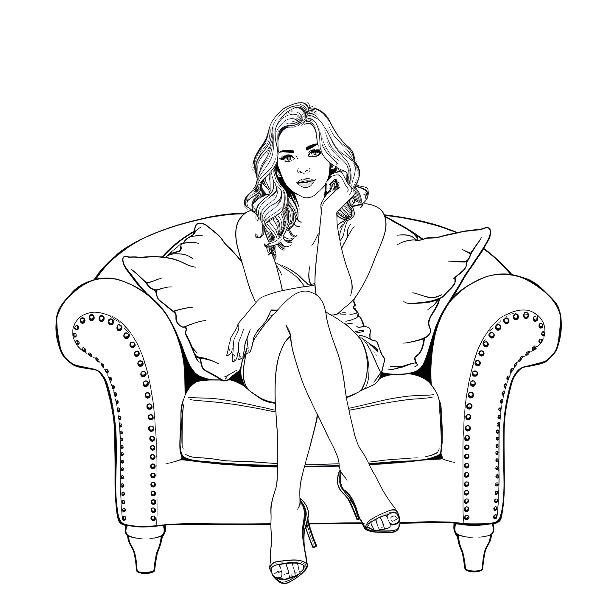 Sydney Sweeney sitting comfortably on a chair Coloring Page (free black-and-white line drawing printable PDF for all, from beginners to advanced learners, including children, teens, adults, and seniors)