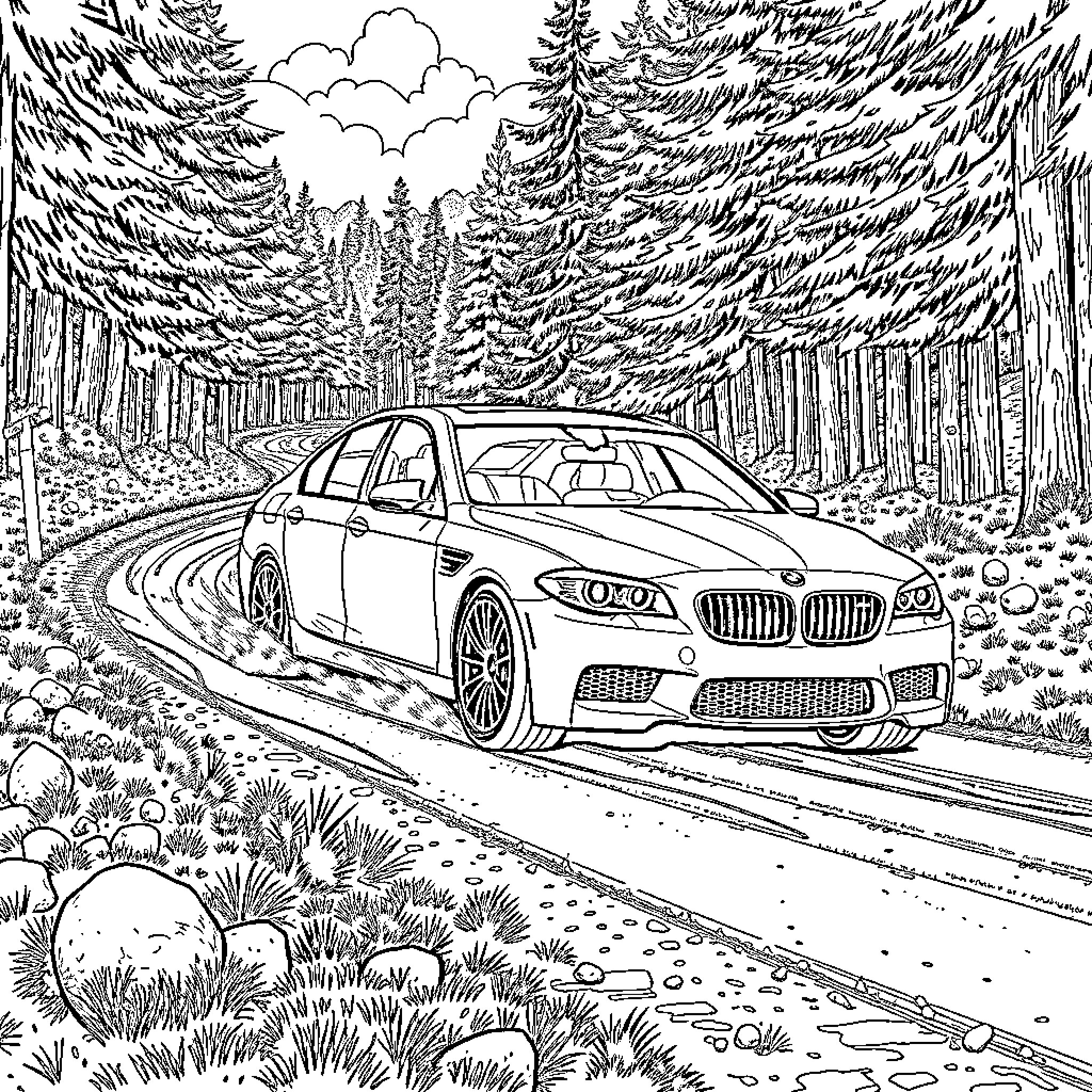 BMW M5 driving on a winding forest road Coloring Page (free black-and-white line drawing printable PDF for all, from beginners to advanced learners, including children, teens, adults, and seniors)