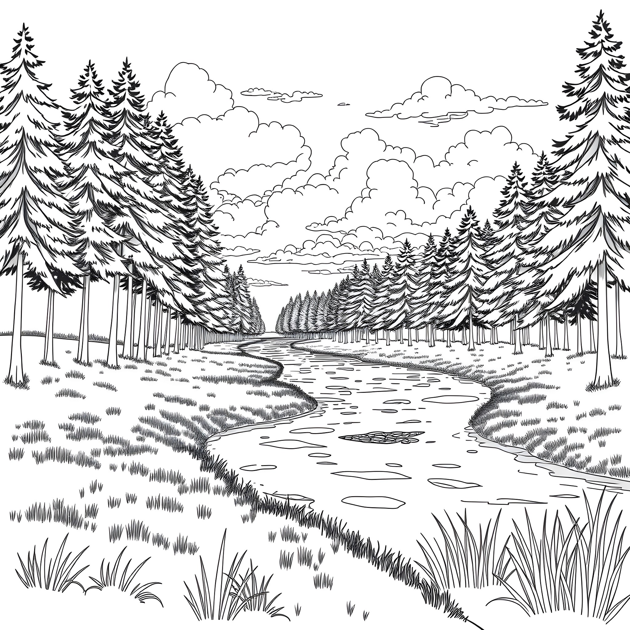 Scene of a Tranquil Forest Landscape Coloring Page (free black-and-white line drawing printable PDF for all, from beginners to advanced learners, including children, teens, adults, and seniors)