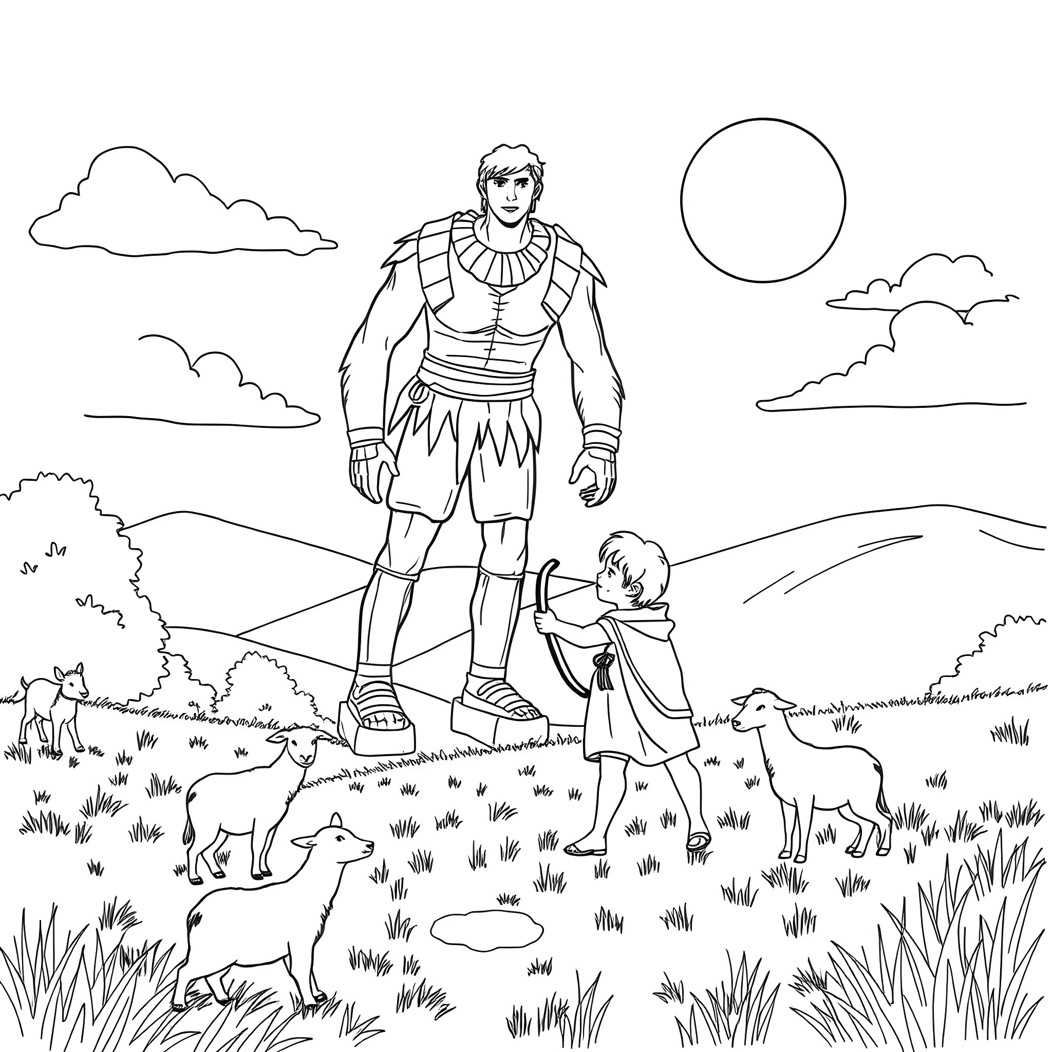 David and Goliath: Brave hero confronts mighty foe Coloring Page (free black-and-white line drawing printable PDF for all, from beginners to advanced learners, including children, teens, adults, and seniors)