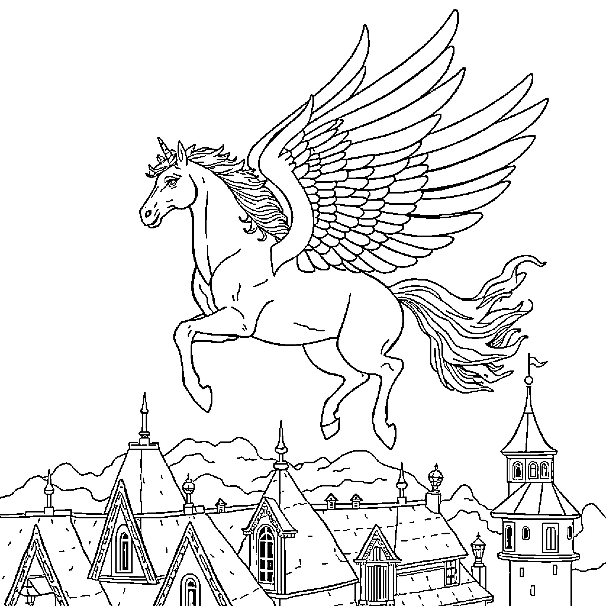 Pegasus soaring over a medieval town Coloring Page (free black-and-white line drawing printable PDF for all, from beginners to advanced learners, including children, teens, adults, and seniors)