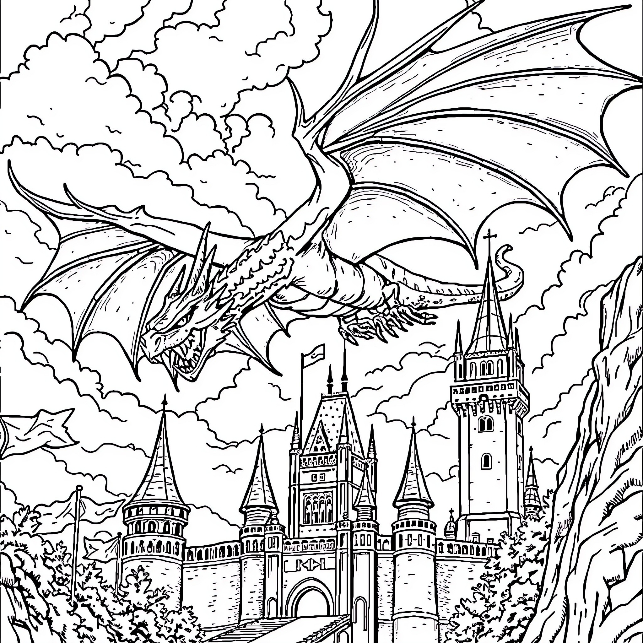 Dragon soaring over fantasy castle and clouds Coloring Page (free black-and-white line drawing printable PDF for all, from beginners to advanced learners, including children, teens, adults, and seniors)