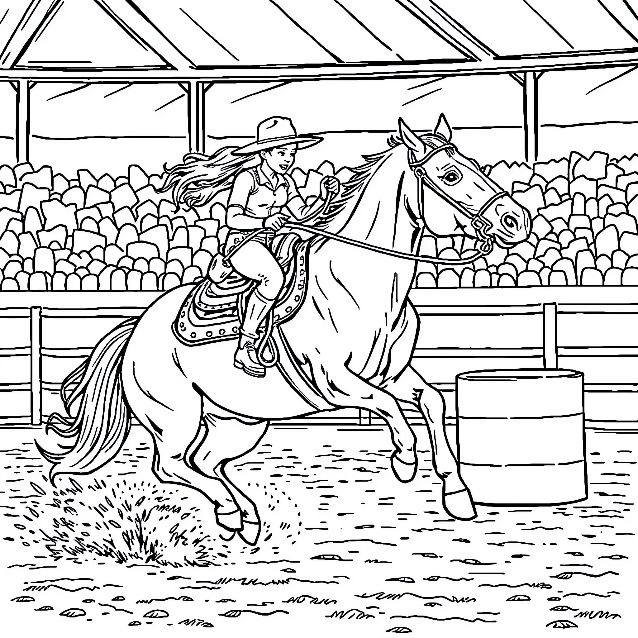 Girl riding horse at rodeo event Coloring Page (free black-and-white line drawing printable PDF for all, from beginners to advanced learners, including children, teens, adults, and seniors)