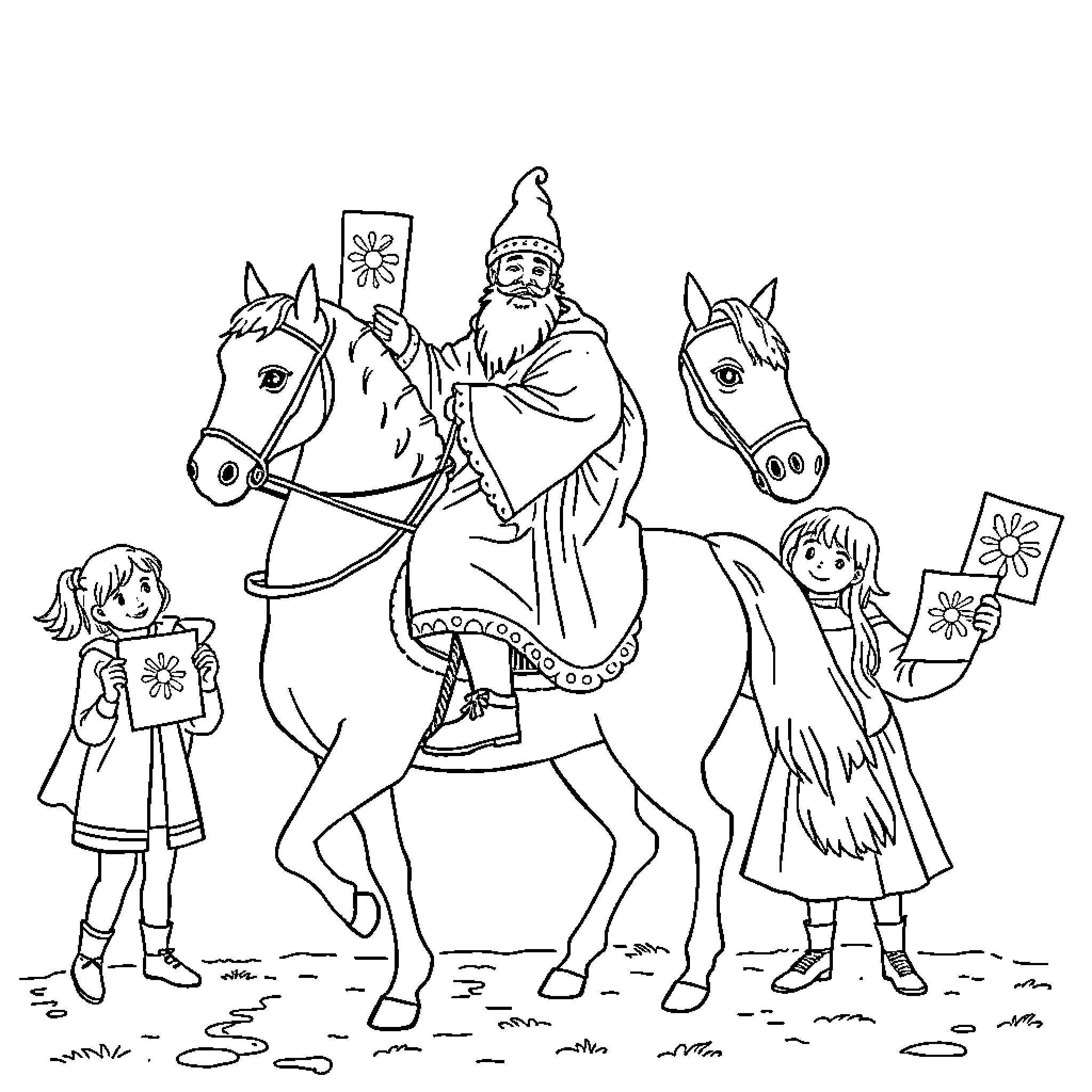 Sinterklaas riding horses with children on festive parade Coloring Page (free black-and-white line drawing printable PDF for all, from beginners to advanced learners, including children, teens, adults, and seniors)