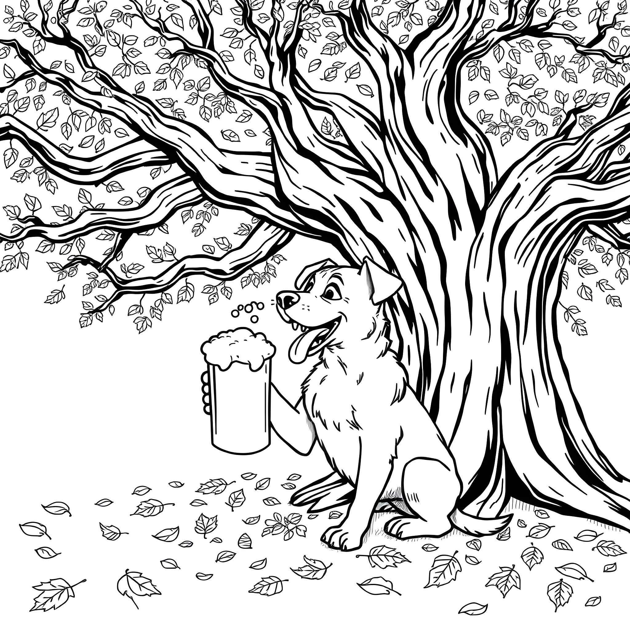 Dog holding a mug under a large tree Coloring Page (free black-and-white line drawing printable PDF for all, from beginners to advanced learners, including children, teens, adults, and seniors)
