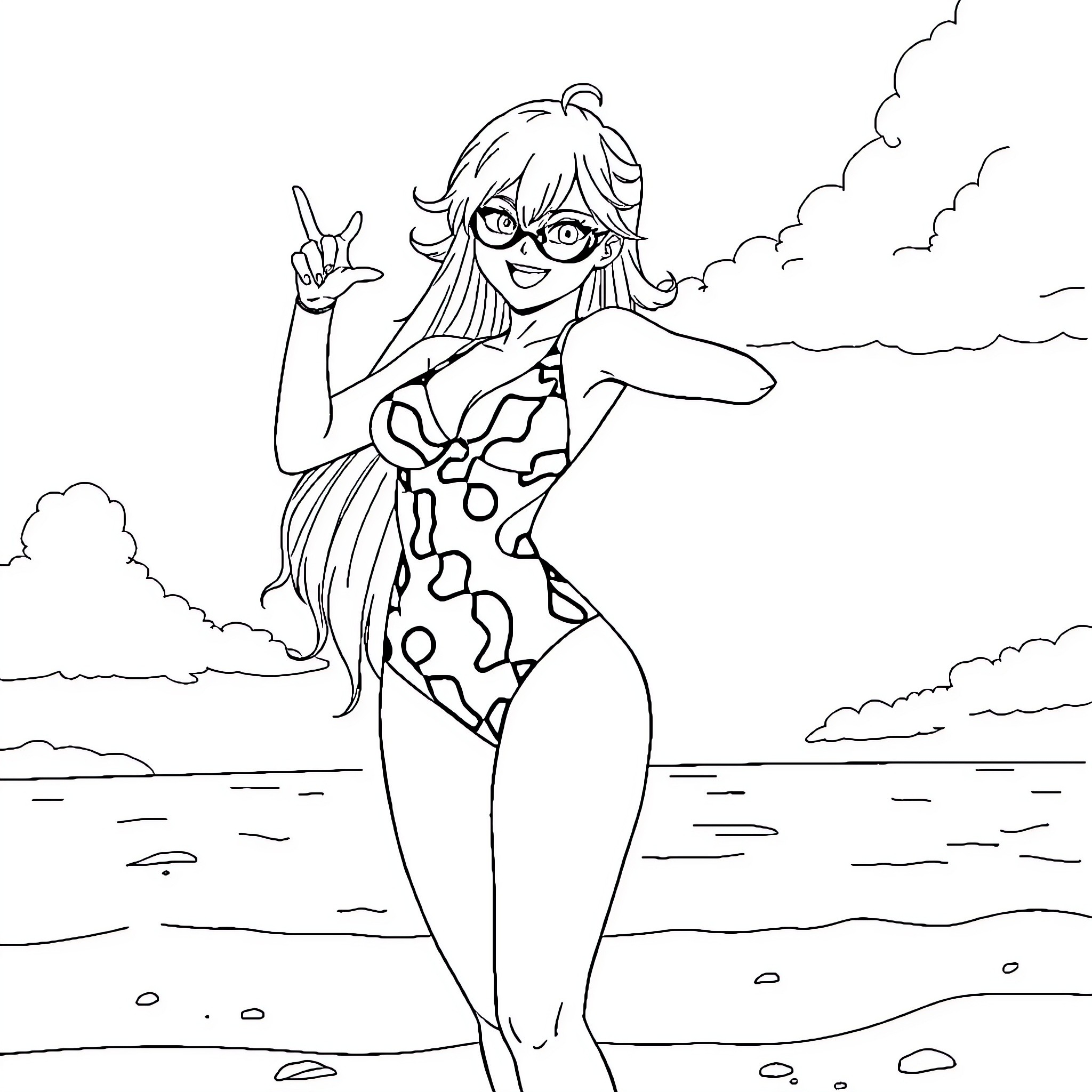 Tatsumaki strikes a playful pose on the beach Coloring Page (free black-and-white line drawing printable PDF for all, from beginners to advanced learners, including children, teens, adults, and seniors)