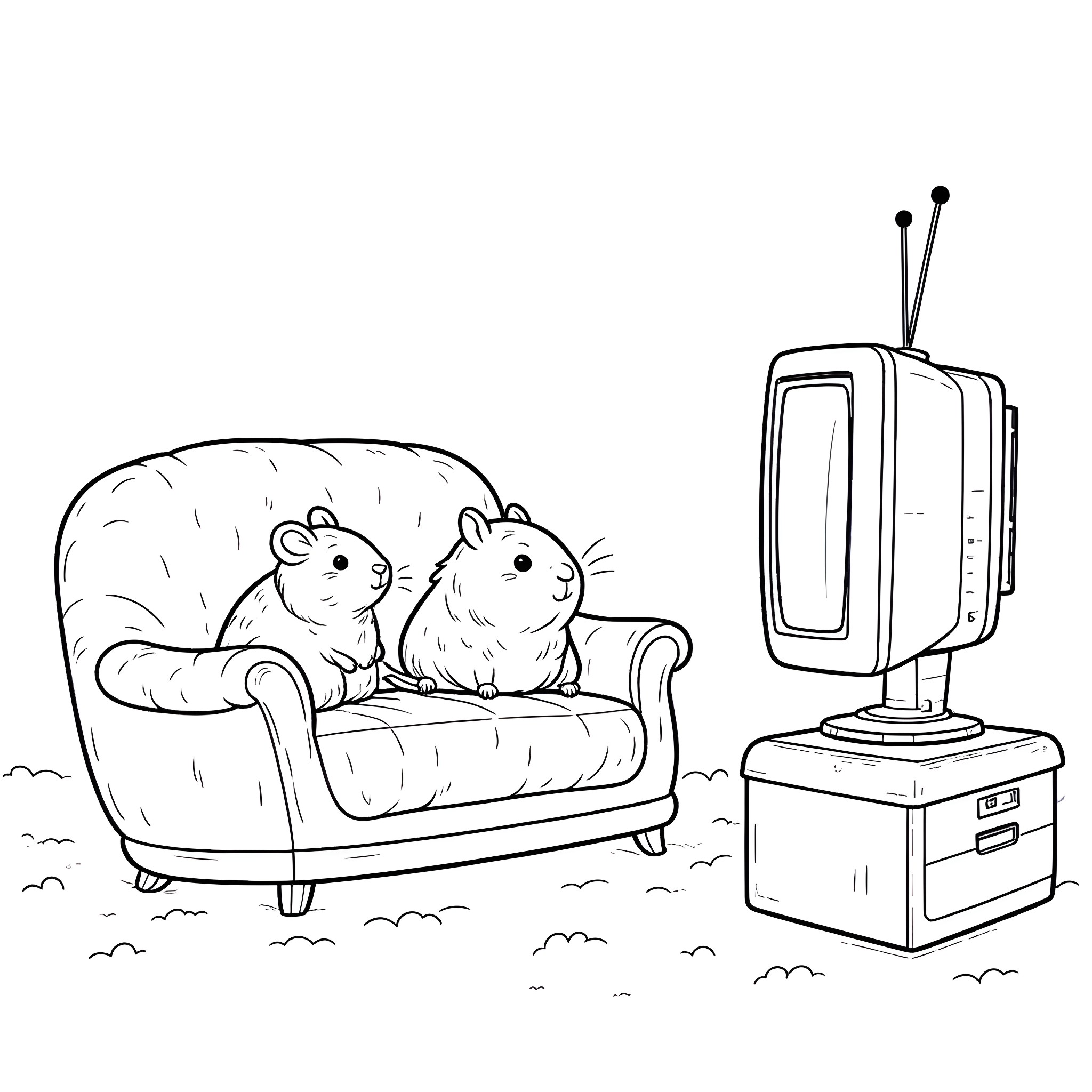 Hamsters watching television on a couch Coloring Page (free black-and-white line drawing printable PDF for all, from beginners to advanced learners, including children, teens, adults, and seniors)