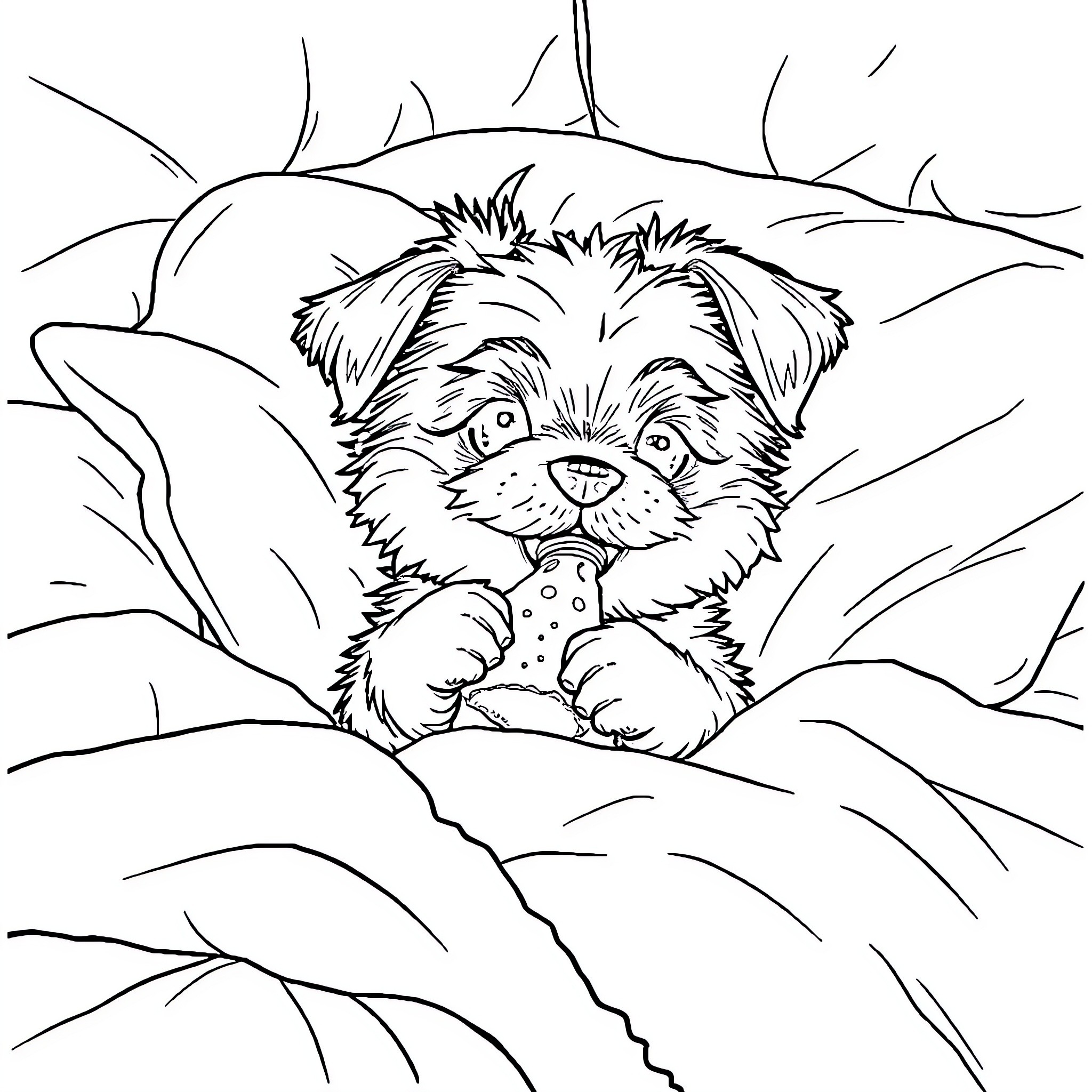 Buttercup's Cozy Nook in the Undergrowth Coloring Page (free black-and-white line drawing printable PDF for all, from beginners to advanced learners, including children, teens, adults, and seniors)