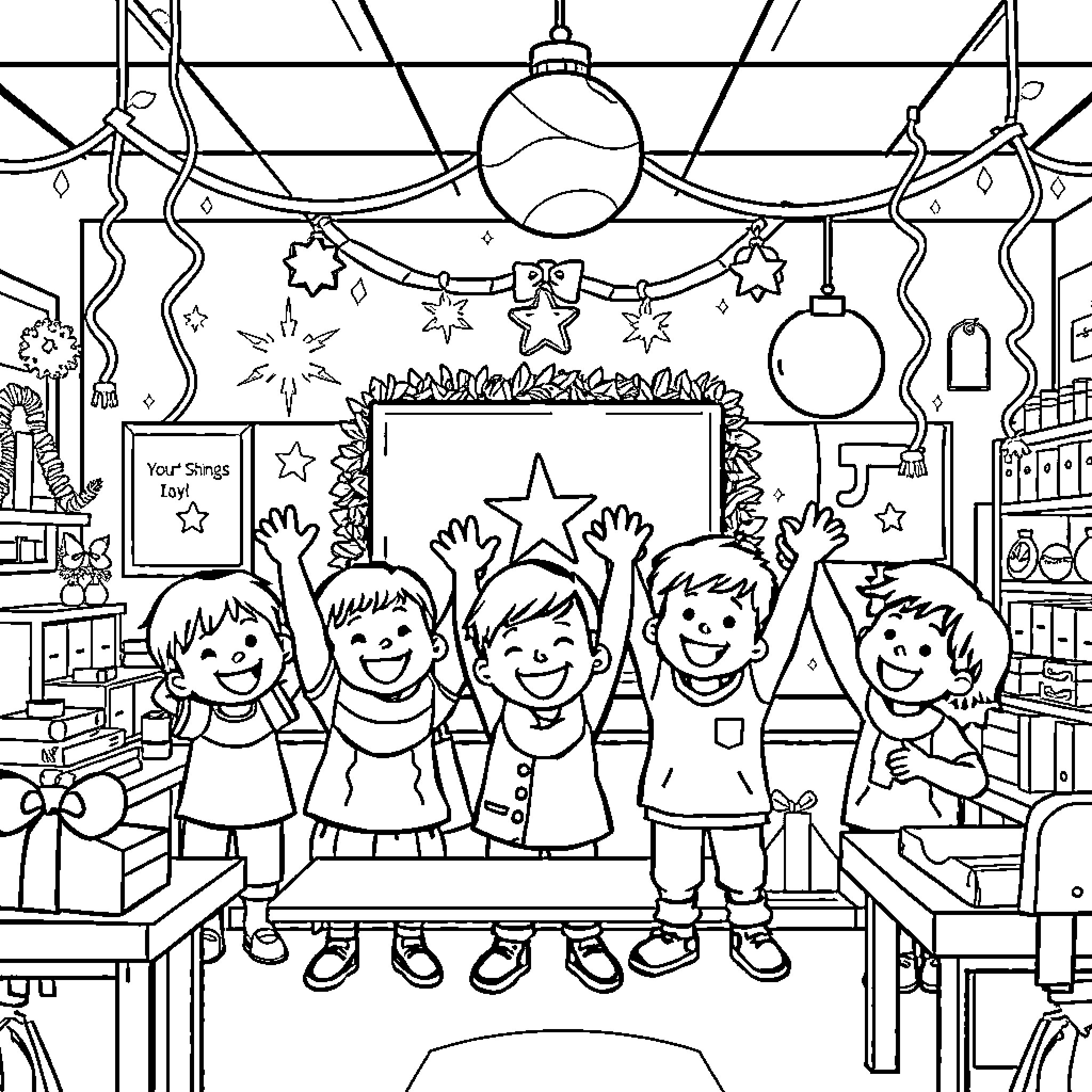 Kids Celebrating Holiday Cheer in Classroom Coloring Page (free black-and-white line drawing printable PDF for all, from beginners to advanced learners, including children, teens, adults, and seniors)