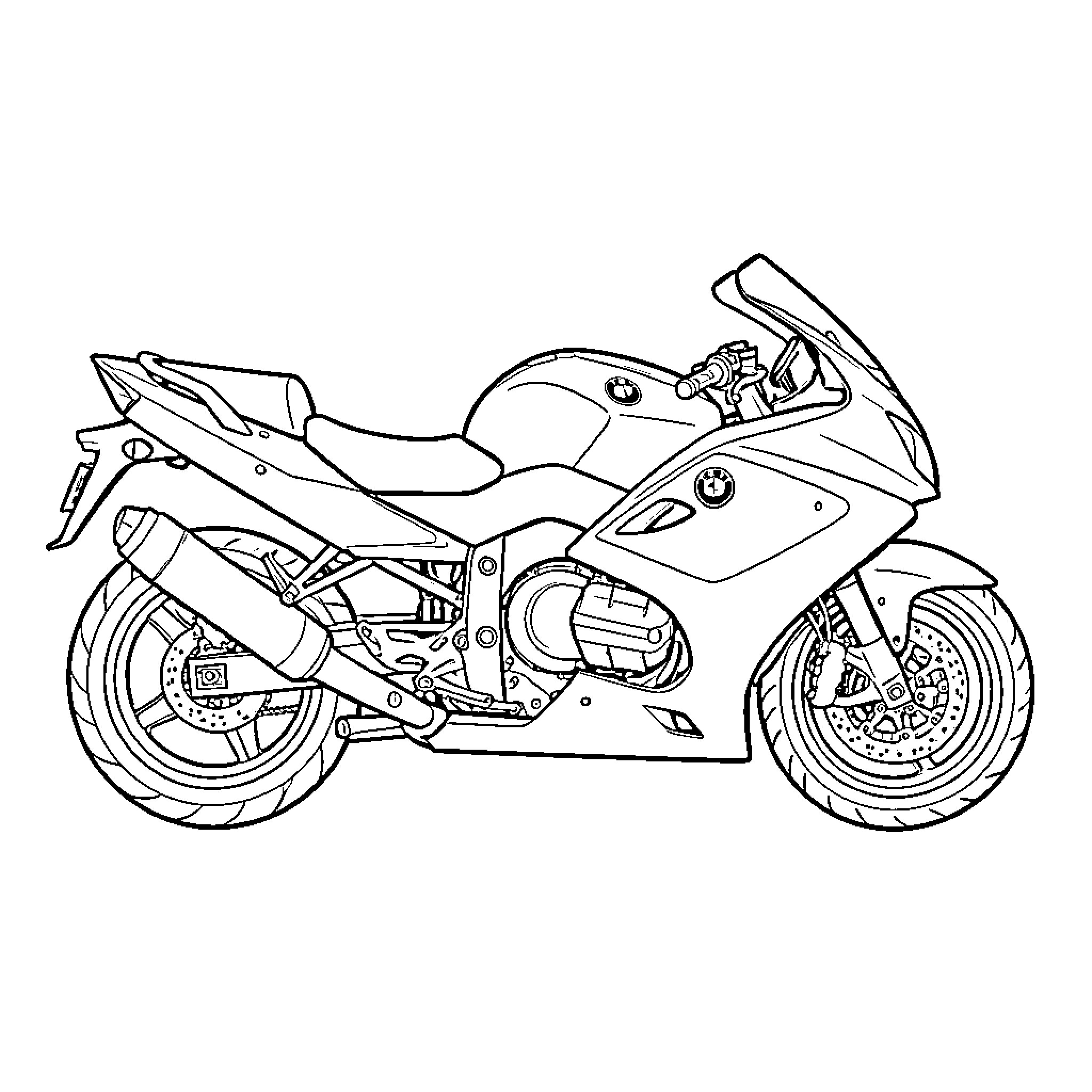 BMW K1200S parked on a plain background Coloring Page (free black-and-white line drawing printable PDF for all, from beginners to advanced learners, including children, teens, adults, and seniors)