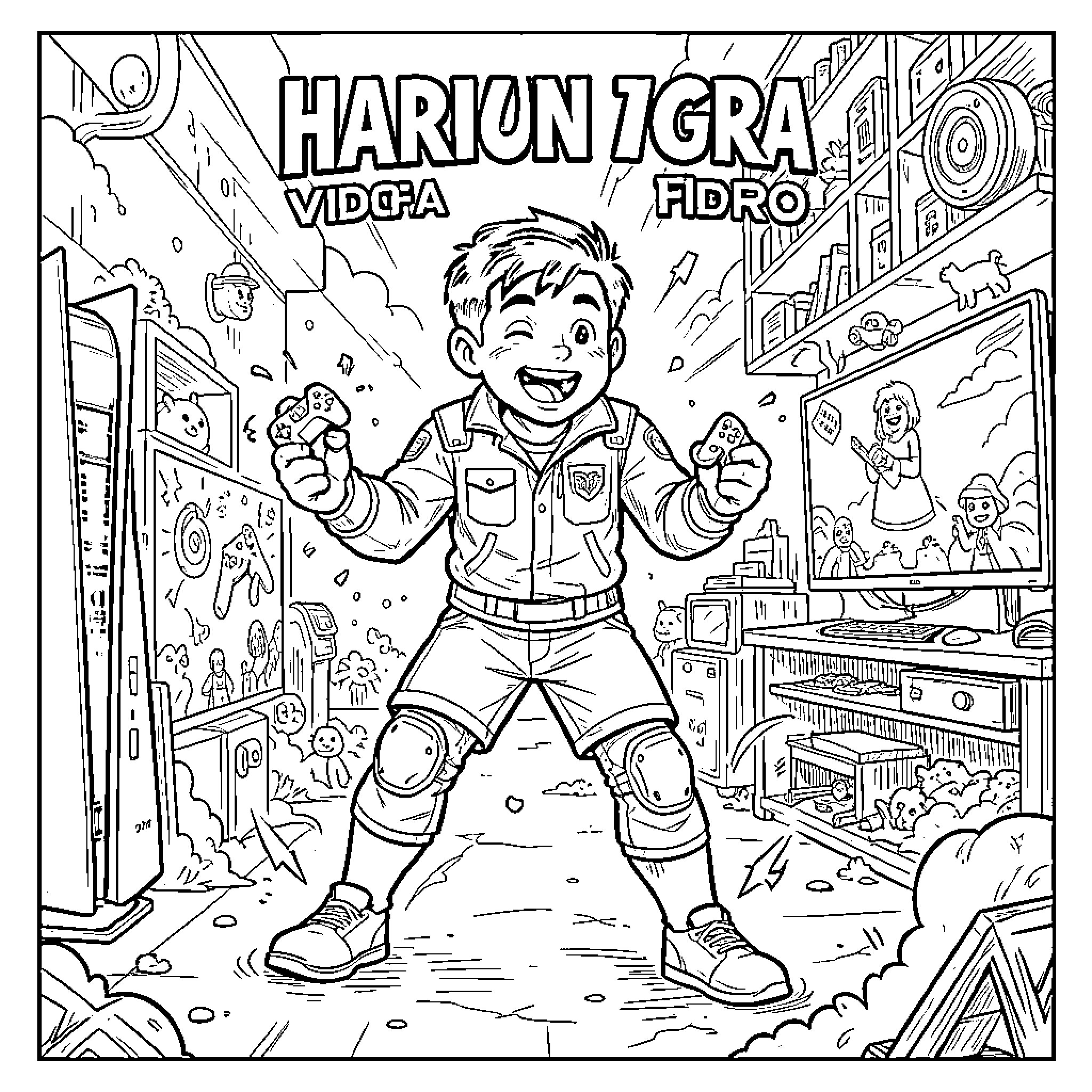 Harun enjoys exciting video game adventure Coloring Page (free black-and-white line drawing printable PDF for all, from beginners to advanced learners, including children, teens, adults, and seniors)