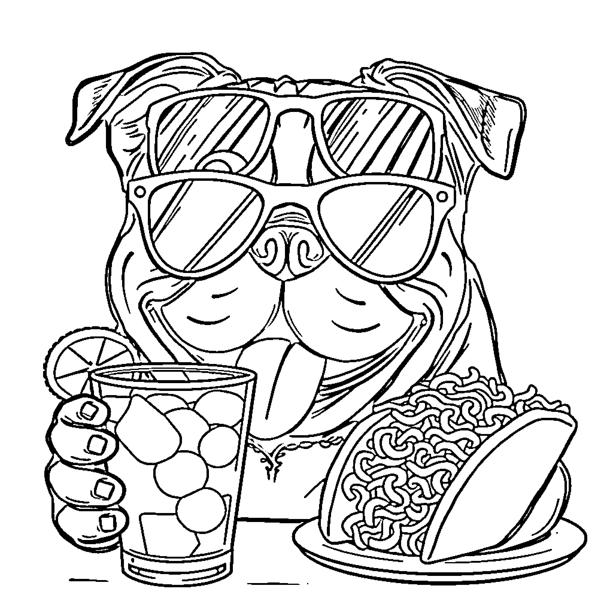 Pug enjoying summer treats and accessories Coloring Page (free black-and-white line drawing printable PDF for all, from beginners to advanced learners, including children, teens, adults, and seniors)