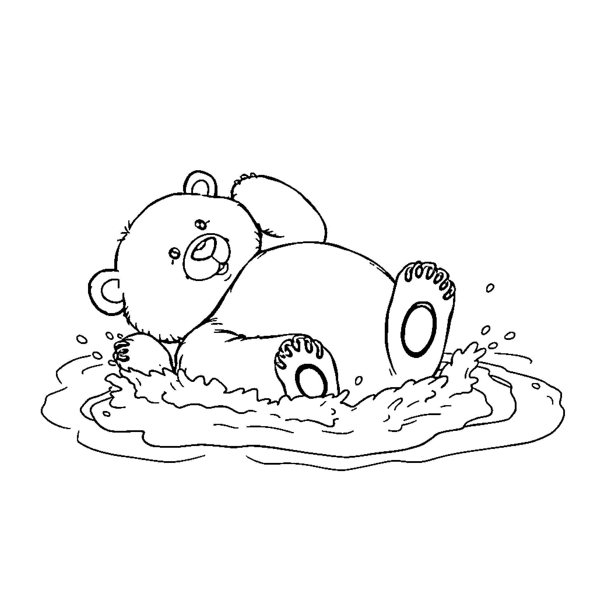 Bear taking a relaxing mud bath Coloring Page (free black-and-white line drawing printable PDF for all, from beginners to advanced learners, including children, teens, adults, and seniors)