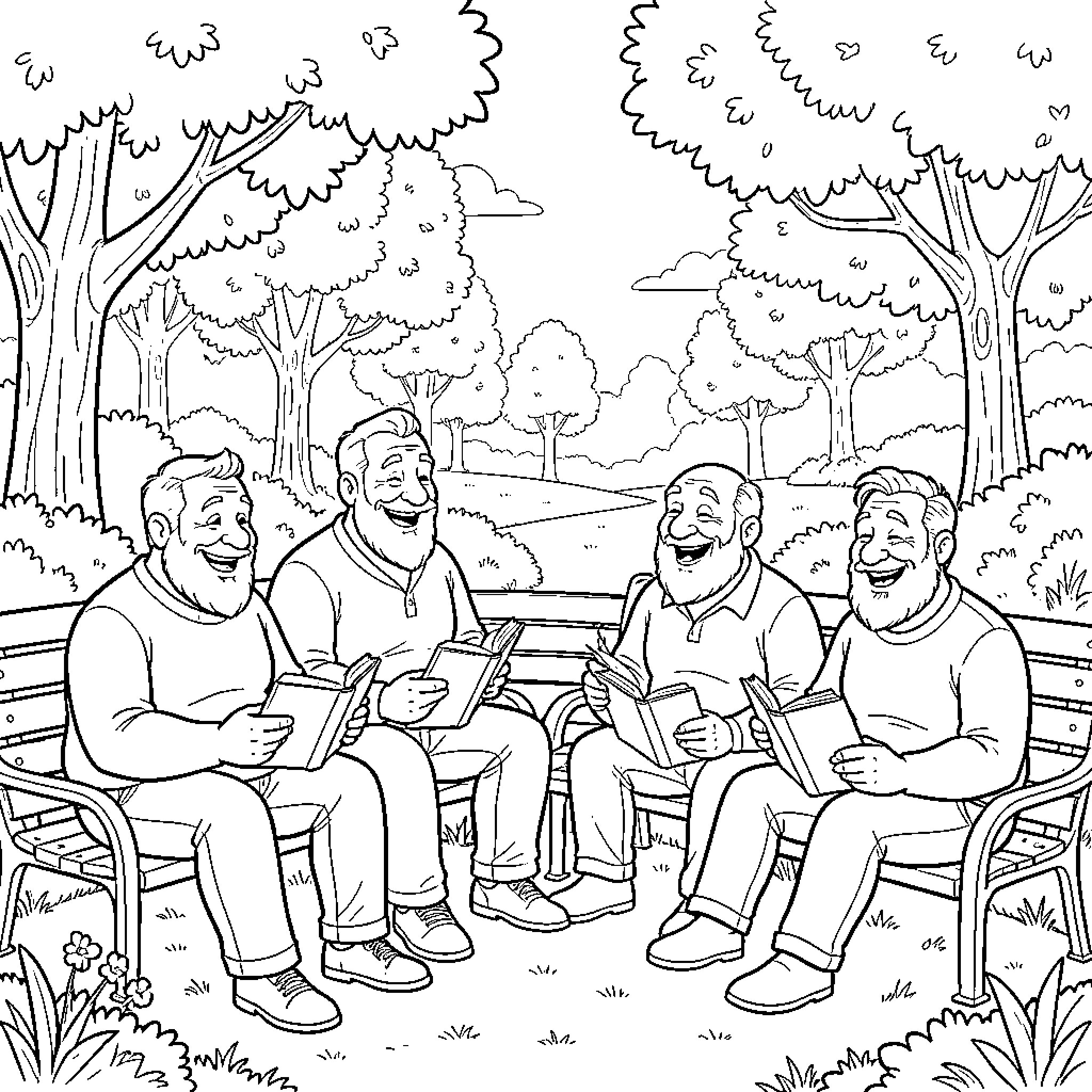 Disney Dad group laughing while reading books on a bench Coloring Page (free black-and-white line drawing printable PDF for all, from beginners to advanced learners, including children, teens, adults, and seniors)