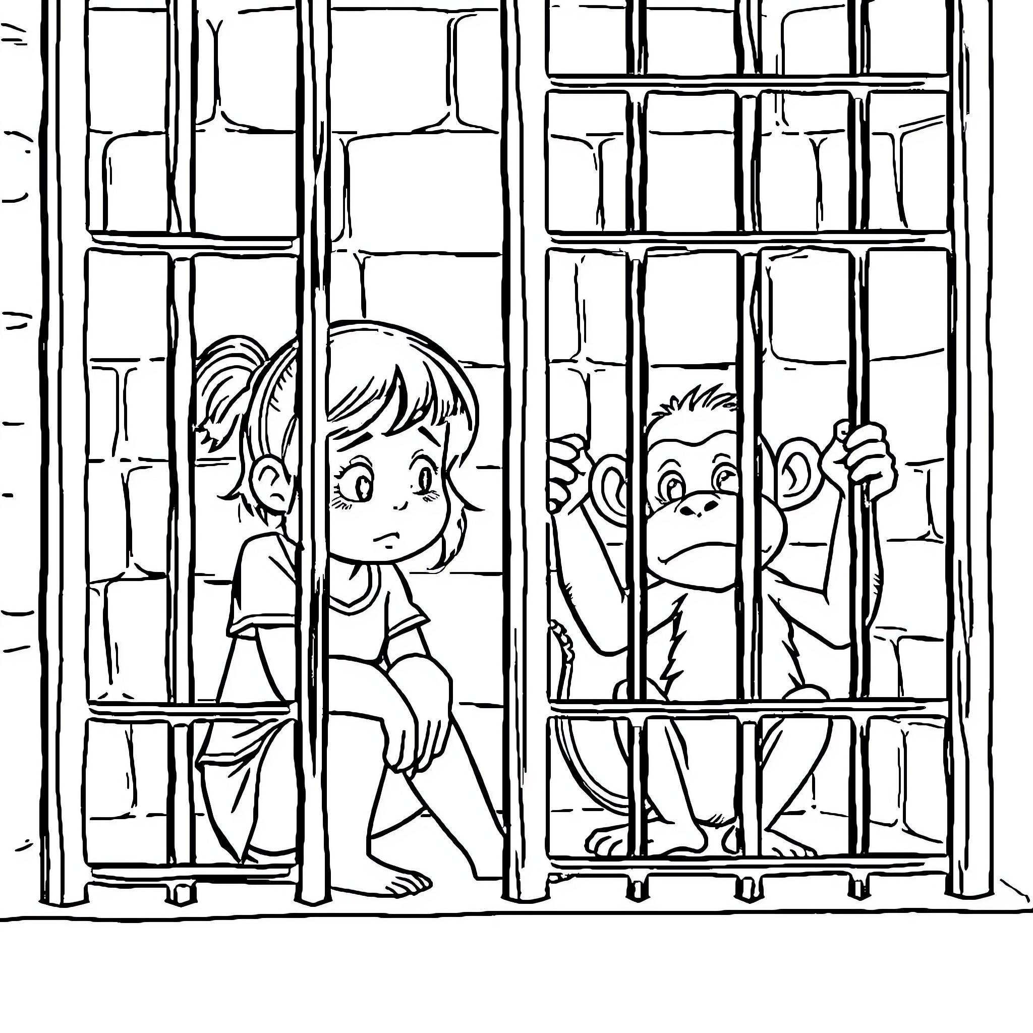 Girl and Friend Imprisoned Behind Bars Coloring Page (free black-and-white line drawing printable PDF for all, from beginners to advanced learners, including children, teens, adults, and seniors)