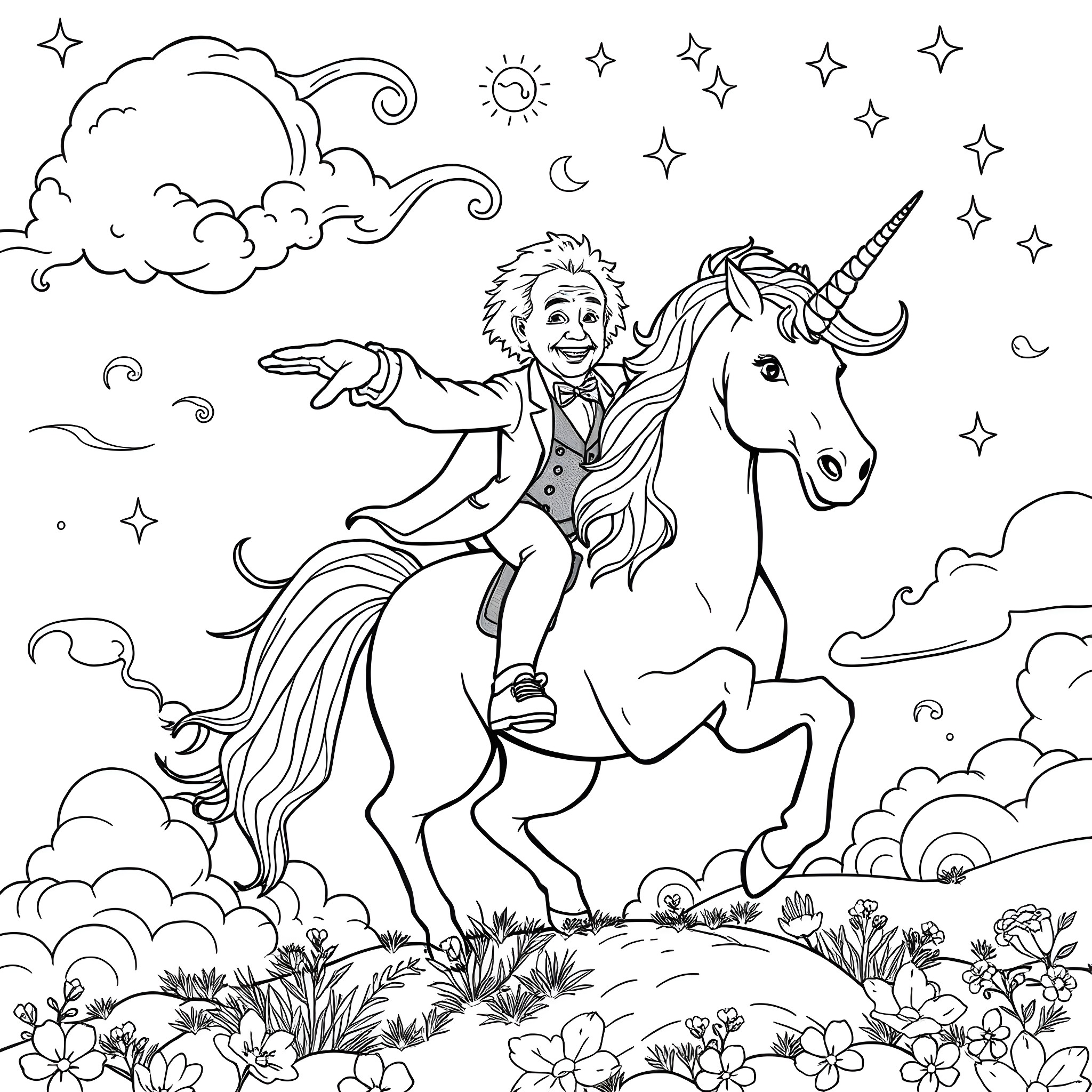 Einstein rides a magical unicorn through a whimsical landscape Coloring Page (free black-and-white line drawing printable PDF for all, from beginners to advanced learners, including children, teens, adults, and seniors)