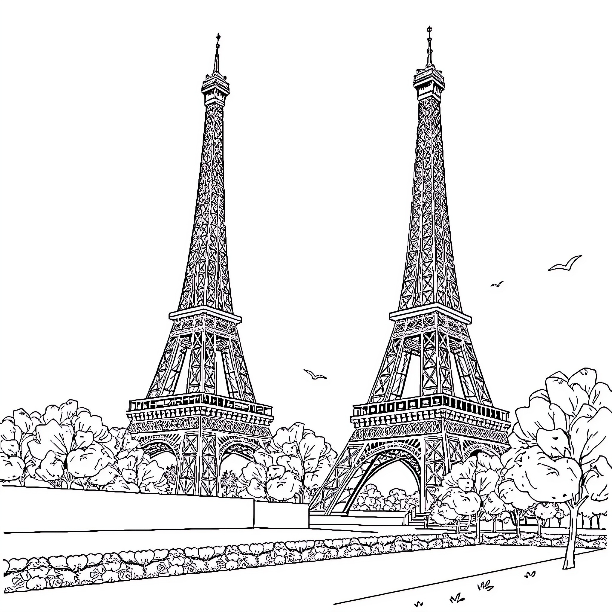 Eiffel Tower in scenic landscape with birds Coloring Page (free black-and-white line drawing printable PDF for all, from beginners to advanced learners, including children, teens, adults, and seniors)