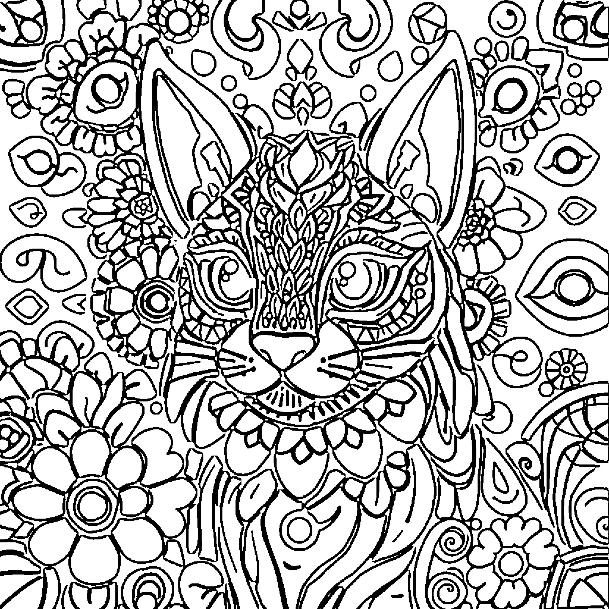 Cocowyo: Whimsical Cat Surrounded by Intricate Floral Patterns Coloring Page (free black-and-white line drawing printable PDF for all, from beginners to advanced learners, including children, teens, adults, and seniors)