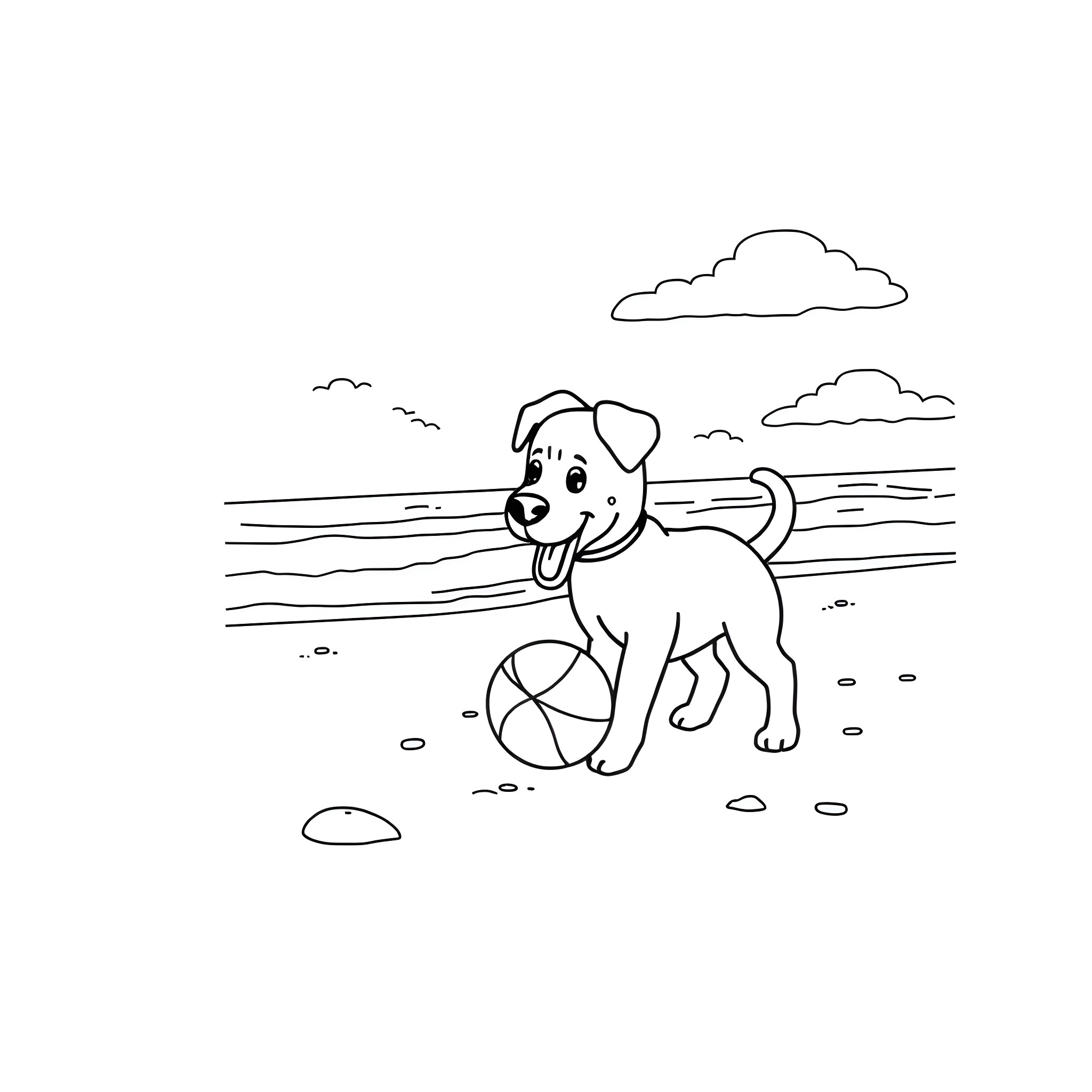 Bluey playing with ball on the beach Coloring Page (free black-and-white line drawing printable PDF for all, from beginners to advanced learners, including children, teens, adults, and seniors)
