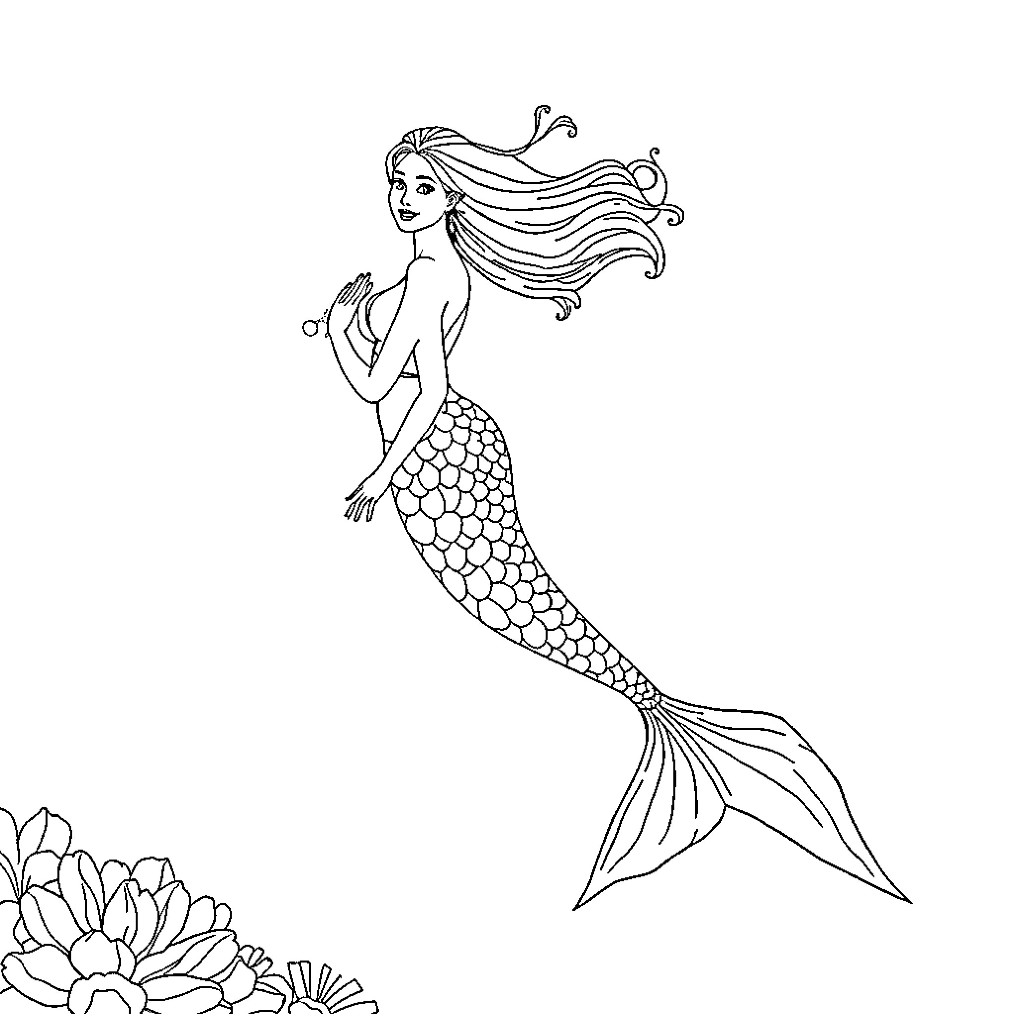 Mermaid swimming through the ocean with flowing hair Coloring Page (free black-and-white line drawing printable PDF for all, from beginners to advanced learners, including children, teens, adults, and seniors)
