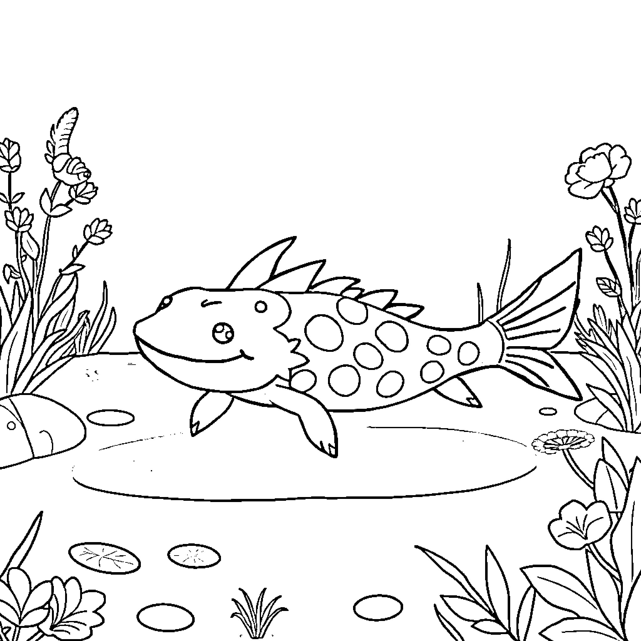 Axolotl swimming in a pond with flowers Coloring Page (free black-and-white line drawing printable PDF for all, from beginners to advanced learners, including children, teens, adults, and seniors)