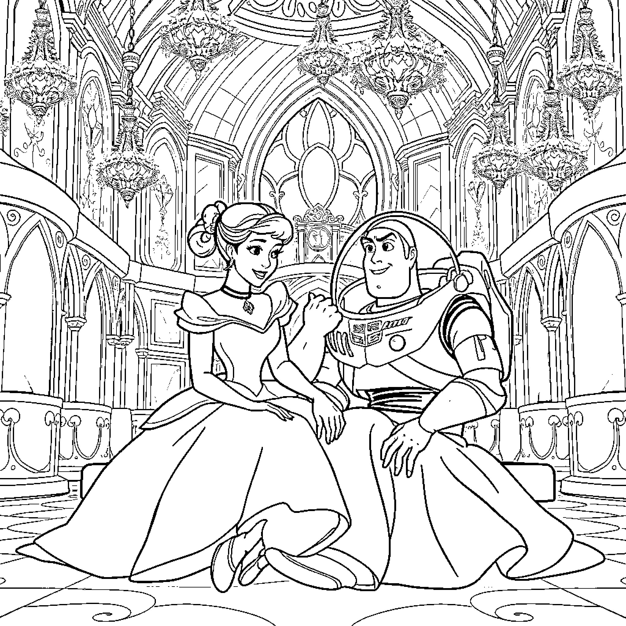 Cinderella and Buzz Lightyear in a Magical Ballroom Coloring Page (free black-and-white line drawing printable PDF for all, from beginners to advanced learners, including children, teens, adults, and seniors)