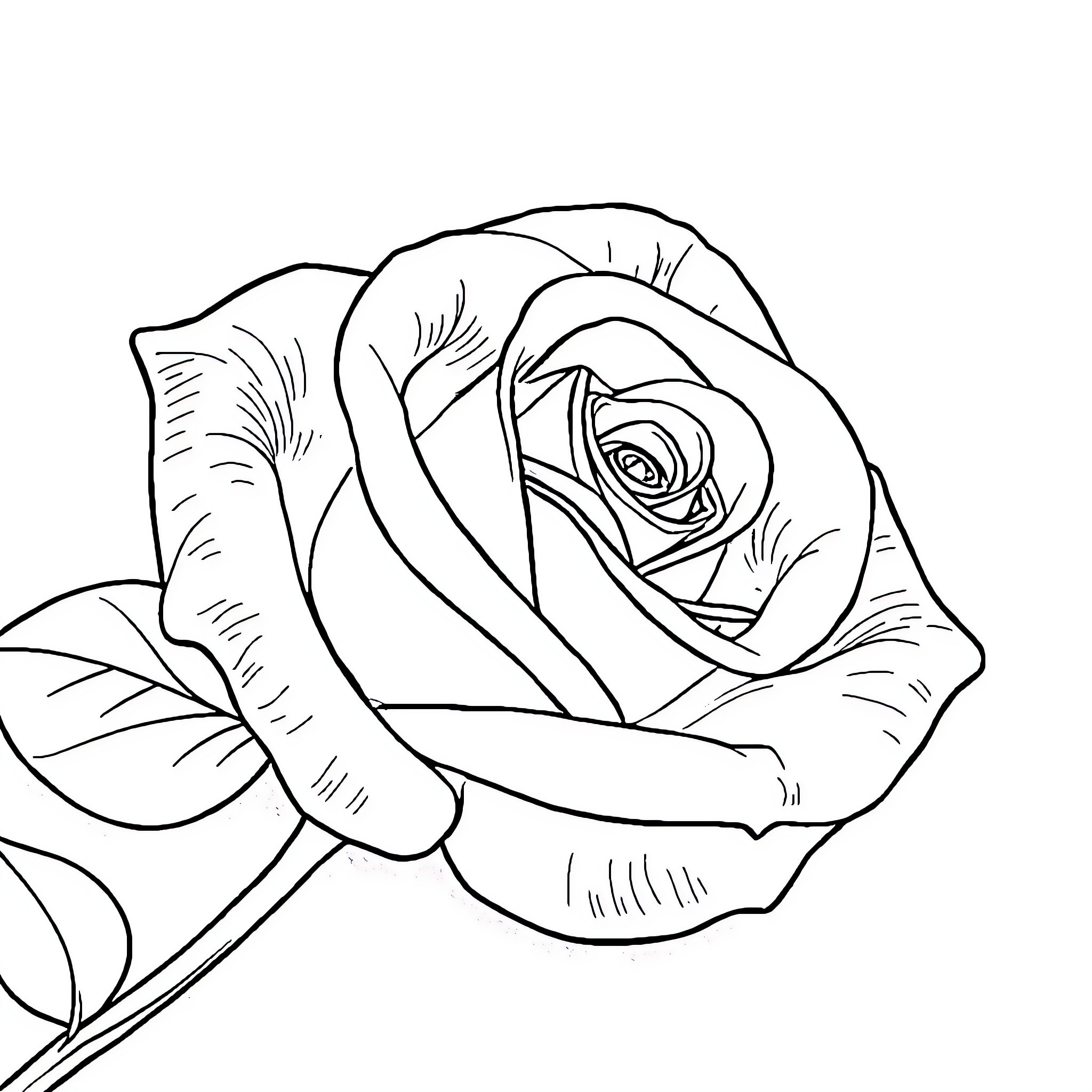 Rose bud blooming on the stem Coloring Page (free black-and-white line drawing printable PDF for all, from beginners to advanced learners, including children, teens, adults, and seniors)