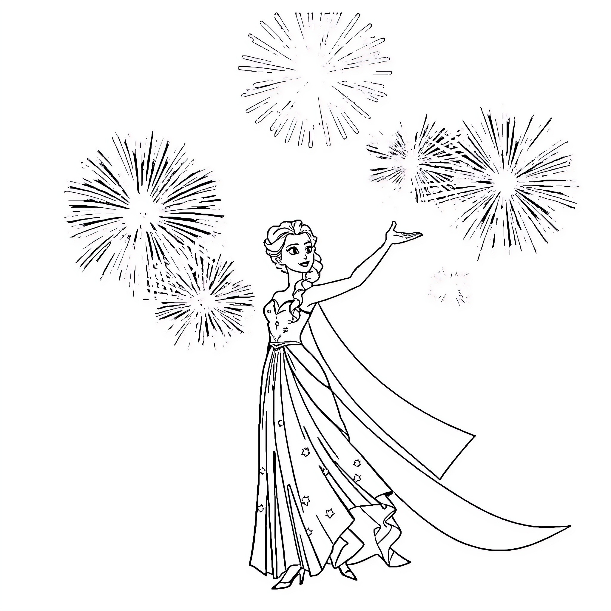 Elsa celebrating with magical fireworks display Coloring Page (free black-and-white line drawing printable PDF for all, from beginners to advanced learners, including children, teens, adults, and seniors)