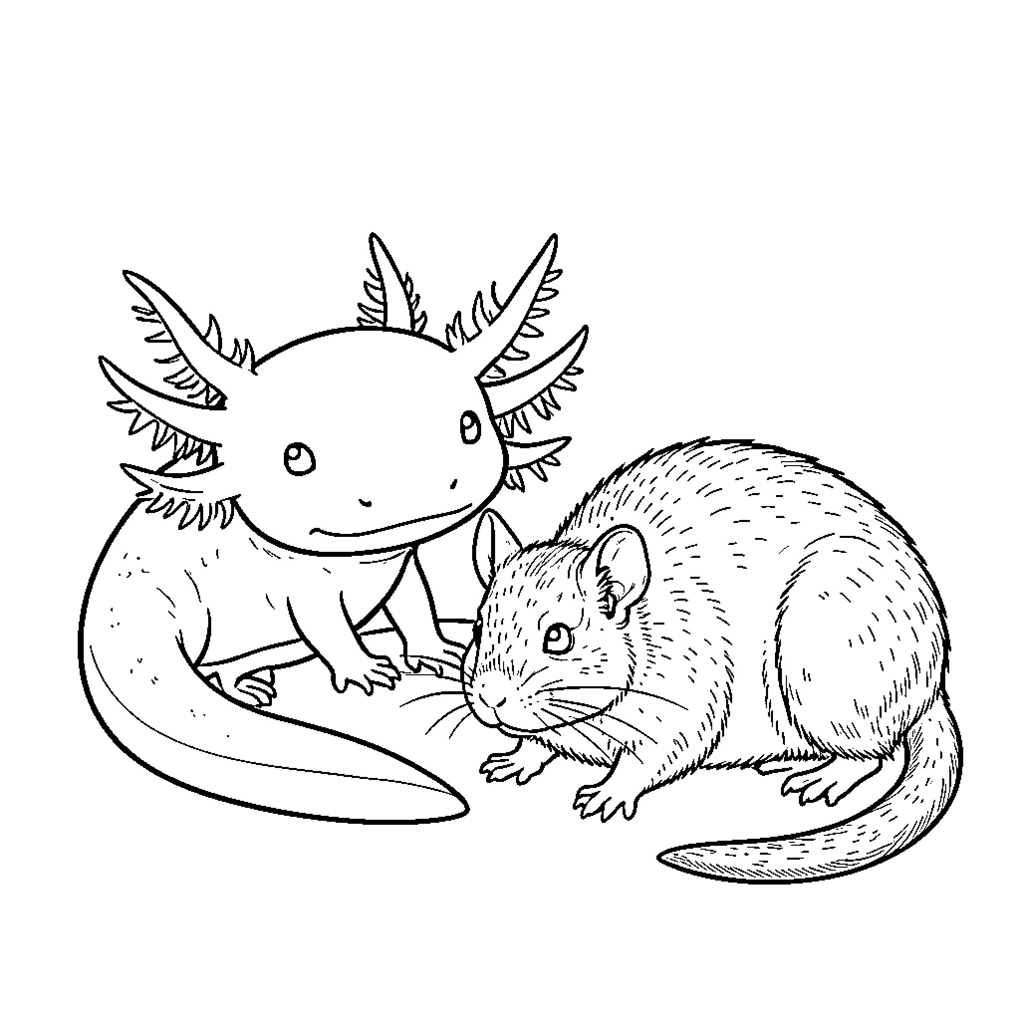 Axolotl and a small rodent interacting together Coloring Page (free black-and-white line drawing printable PDF for all, from beginners to advanced learners, including children, teens, adults, and seniors)