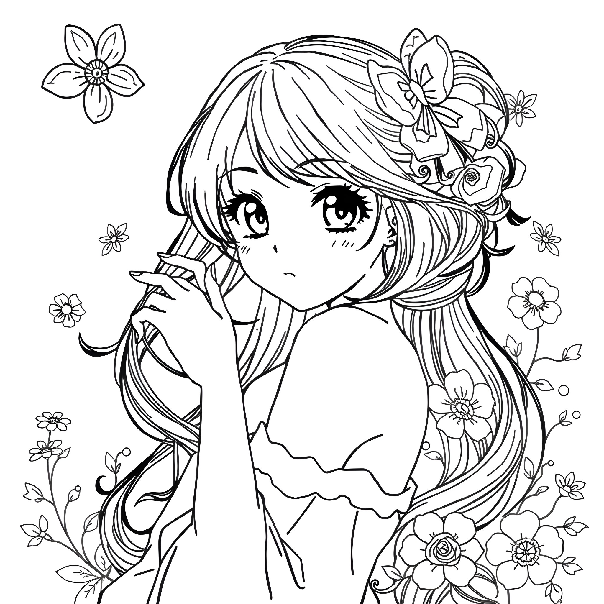 Anime Girl with Floral Headpiece and Flowers Coloring Page (free black-and-white line drawing printable PDF for all, from beginners to advanced learners, including children, teens, adults, and seniors)