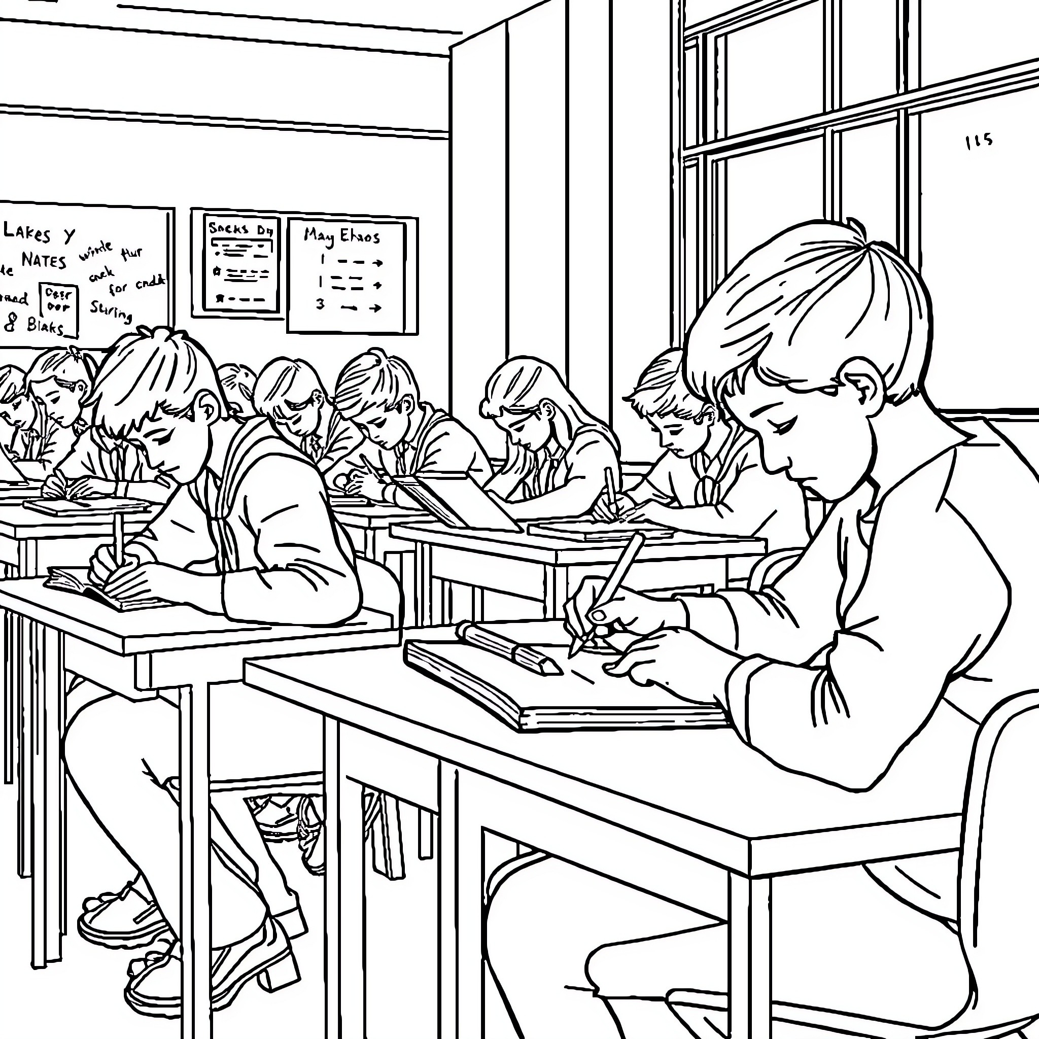 Students diligently studying in a classroom Coloring Page (free black-and-white line drawing printable PDF for all, from beginners to advanced learners, including children, teens, adults, and seniors)