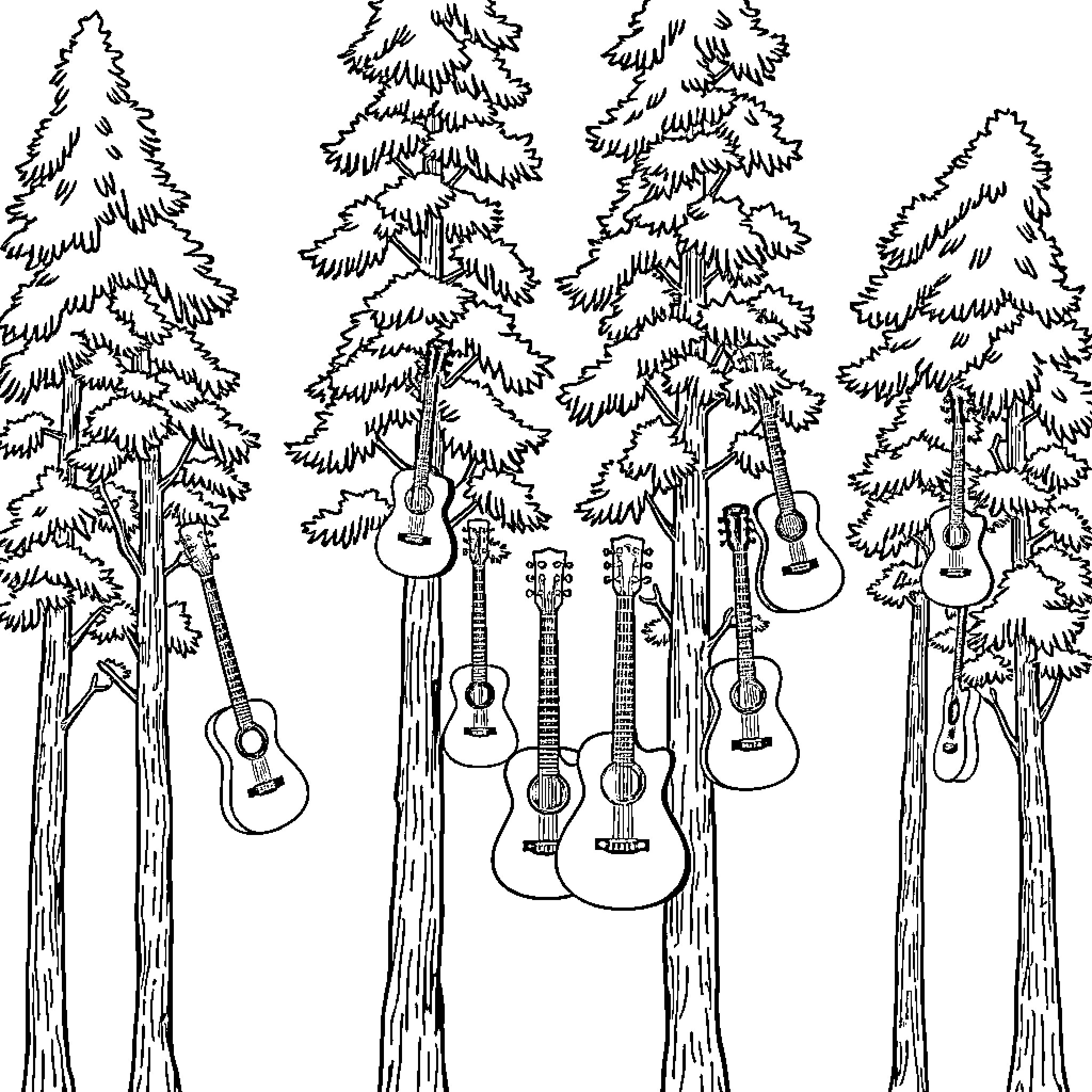 Tree forest with hanging musical instruments Coloring Page (free black-and-white line drawing printable PDF for all, from beginners to advanced learners, including children, teens, adults, and seniors)