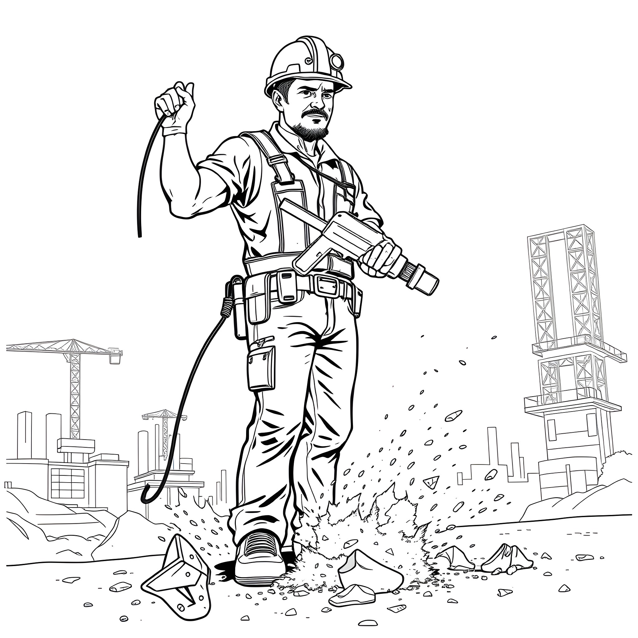 Worker Operating Construction Equipment on Site Coloring Page (free black-and-white line drawing printable PDF for all, from beginners to advanced learners, including children, teens, adults, and seniors)