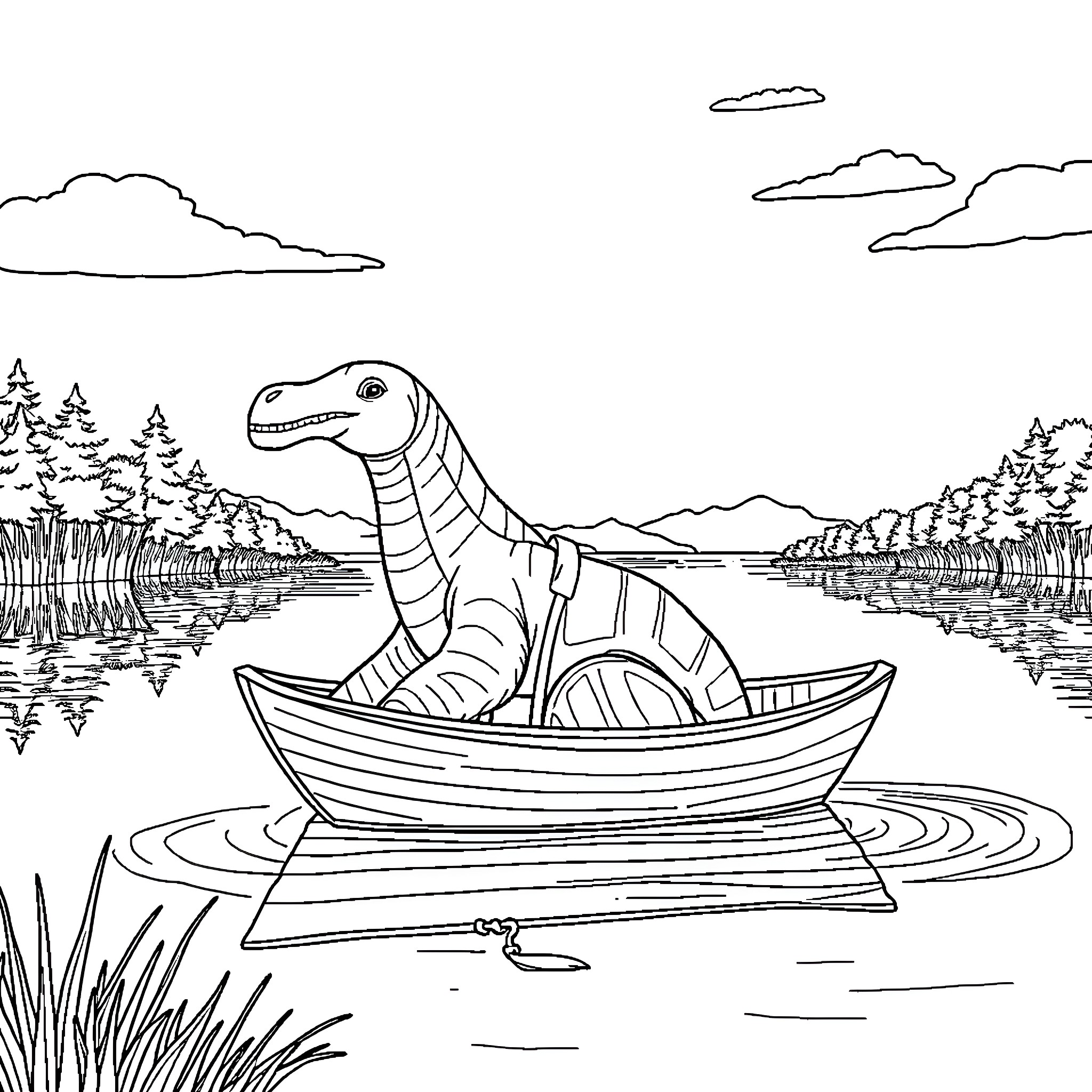 Deinotherium exploring the scenic lake in a boat Coloring Page (free black-and-white line drawing printable PDF for all, from beginners to advanced learners, including children, teens, adults, and seniors)