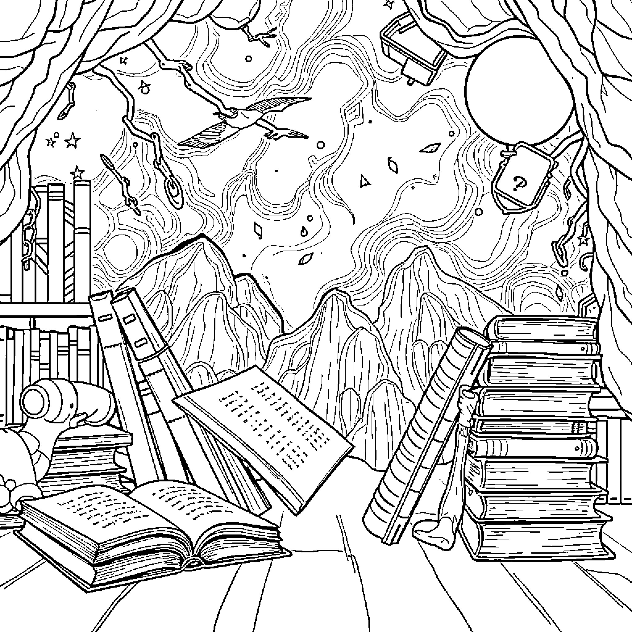 Source: Books, shelves, and imaginative background Coloring Page (free black-and-white line drawing printable PDF for all, from beginners to advanced learners, including children, teens, adults, and seniors)