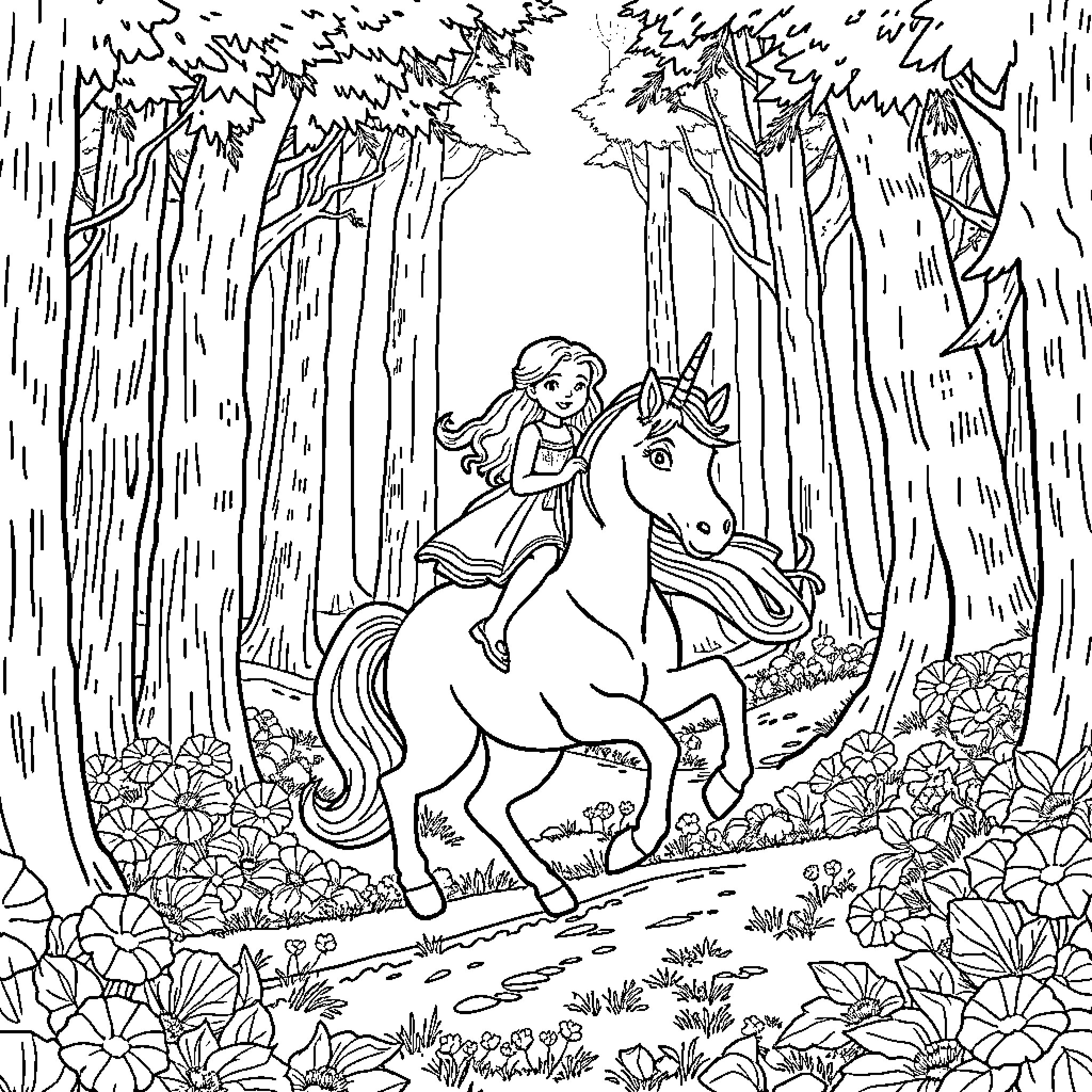 Else's Enchanting Equine Escapade Coloring Page (free black-and-white line drawing printable PDF for all, from beginners to advanced learners, including children, teens, adults, and seniors)