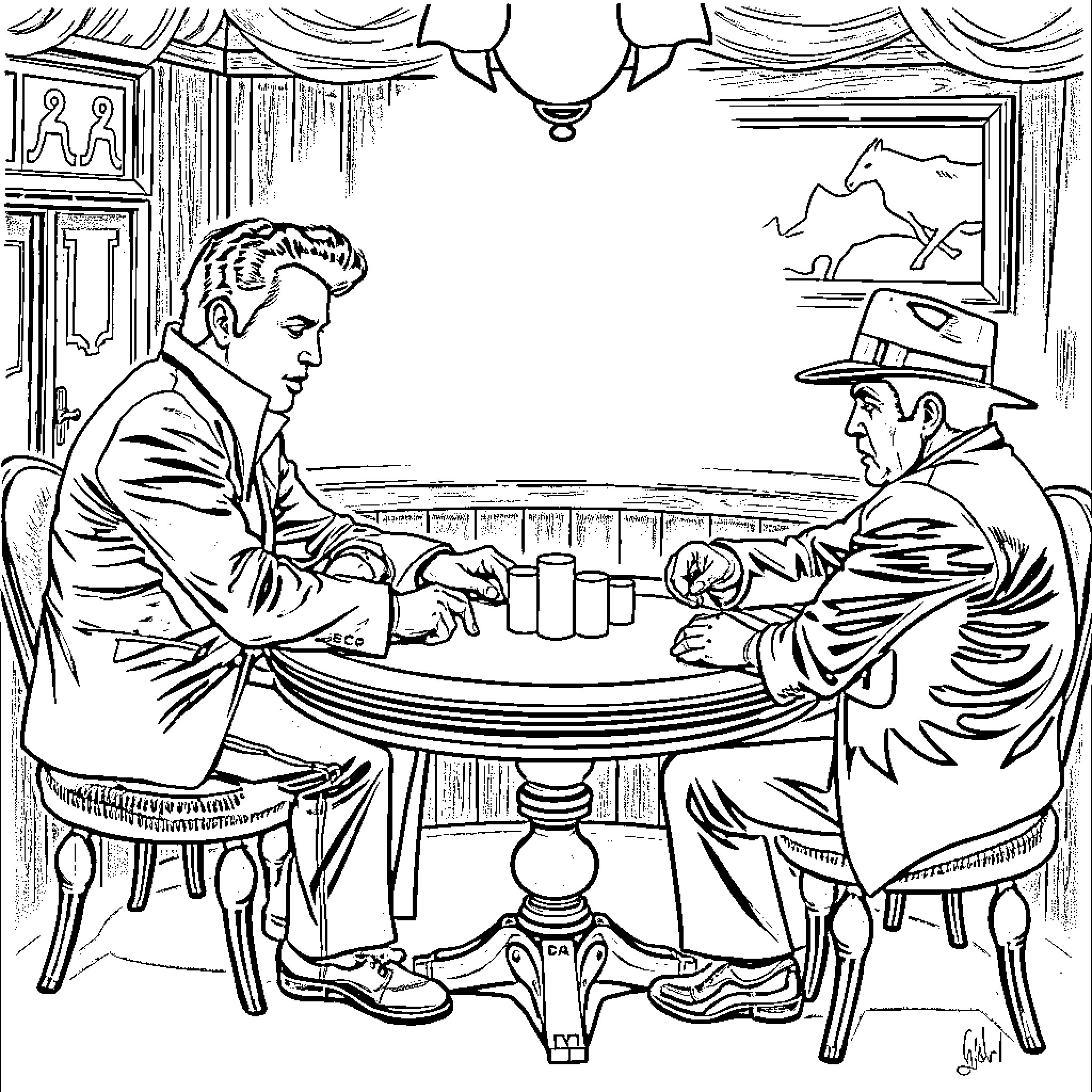 Elvis Presley playing cards with a friend Coloring Page (free black-and-white line drawing printable PDF for all, from beginners to advanced learners, including children, teens, adults, and seniors)