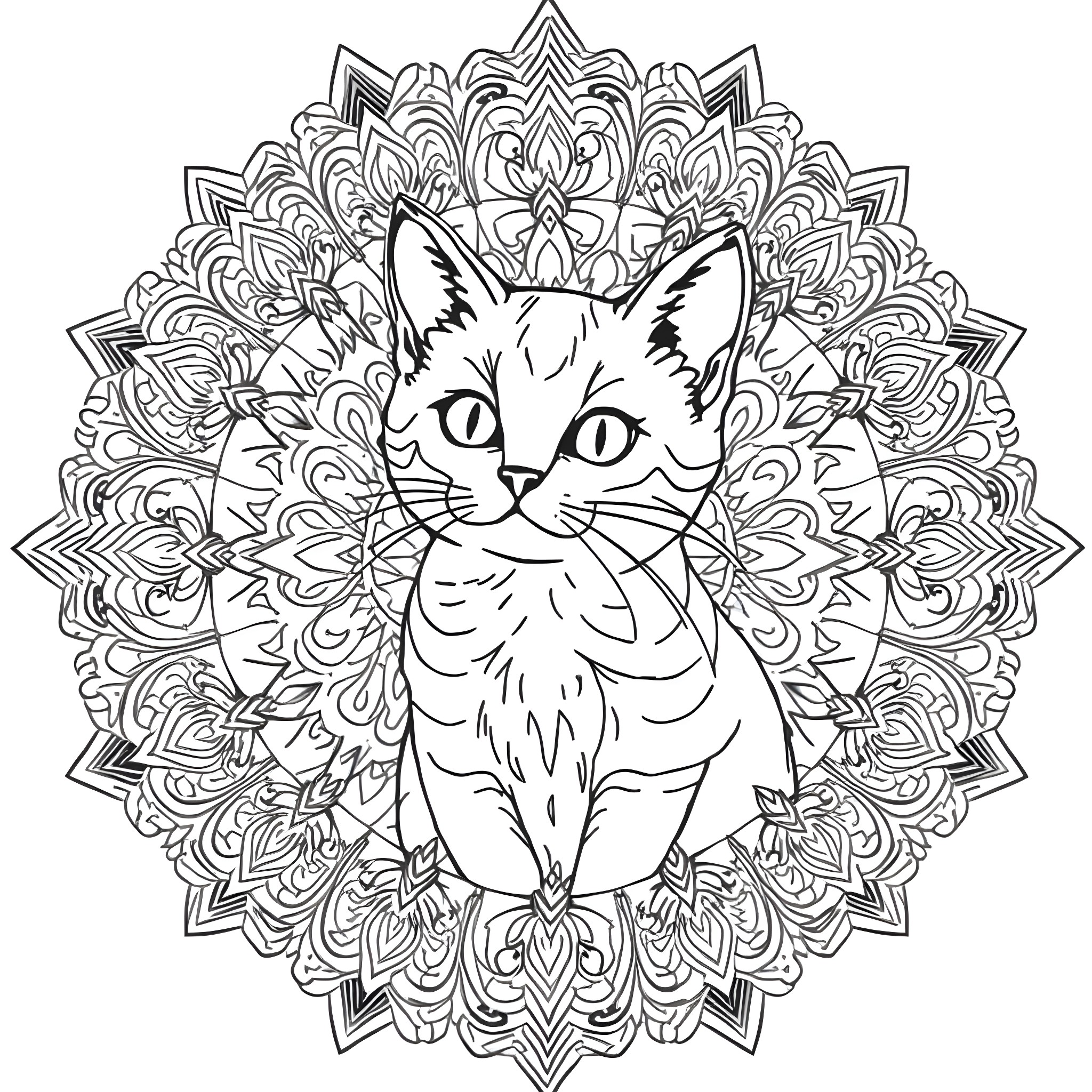 Cat sitting peacefully on ornate mandala Coloring Page (free black-and-white line drawing printable PDF for all, from beginners to advanced learners, including children, teens, adults, and seniors)