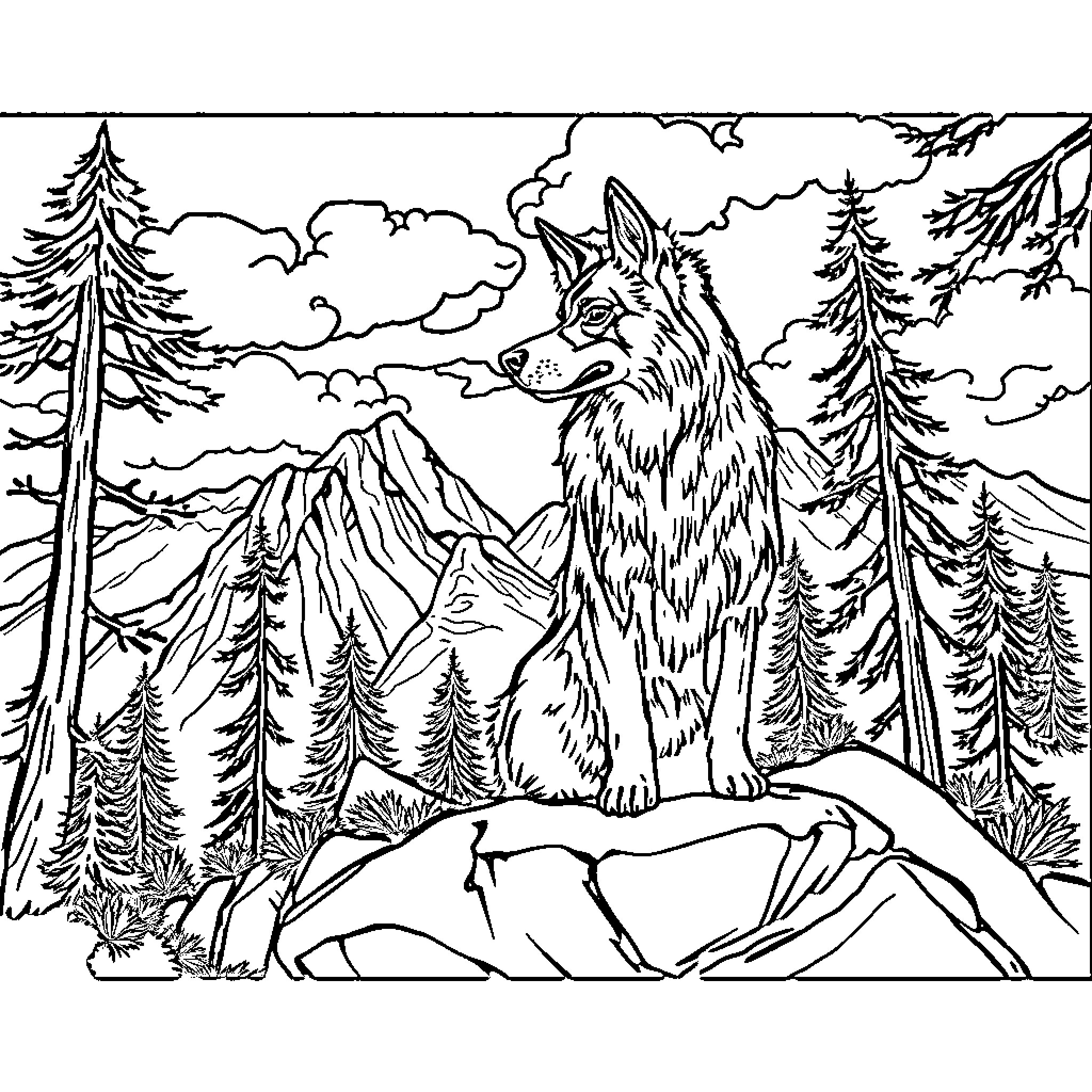 Paw Patrol Wolfpack Exploring the Wilderness Coloring Page (free black-and-white line drawing printable PDF for all, from beginners to advanced learners, including children, teens, adults, and seniors)