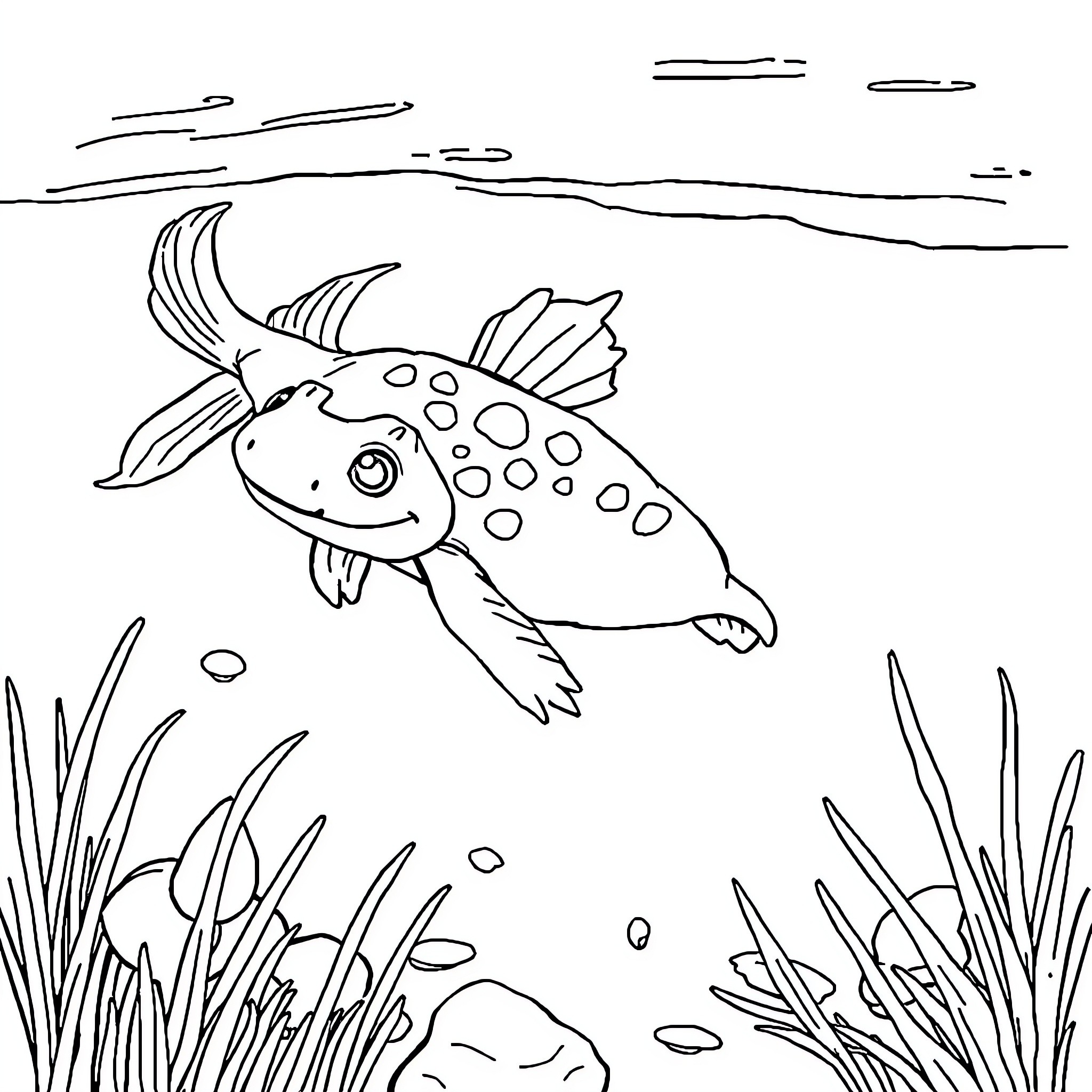 Axolotl swimming peacefully in underwater scenery Coloring Page (free black-and-white line drawing printable PDF for all, from beginners to advanced learners, including children, teens, adults, and seniors)